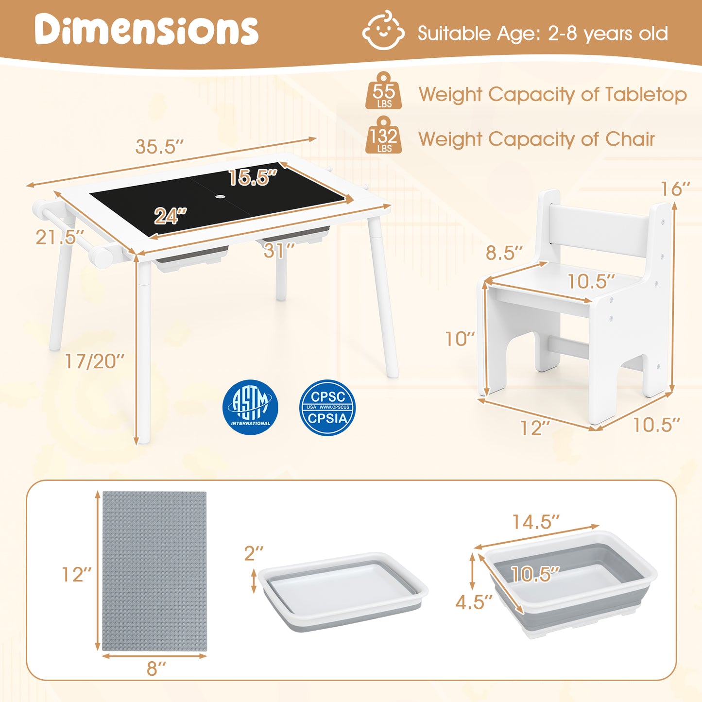 Kids Sensory Table and Chair Set with Foldable Storage Bins