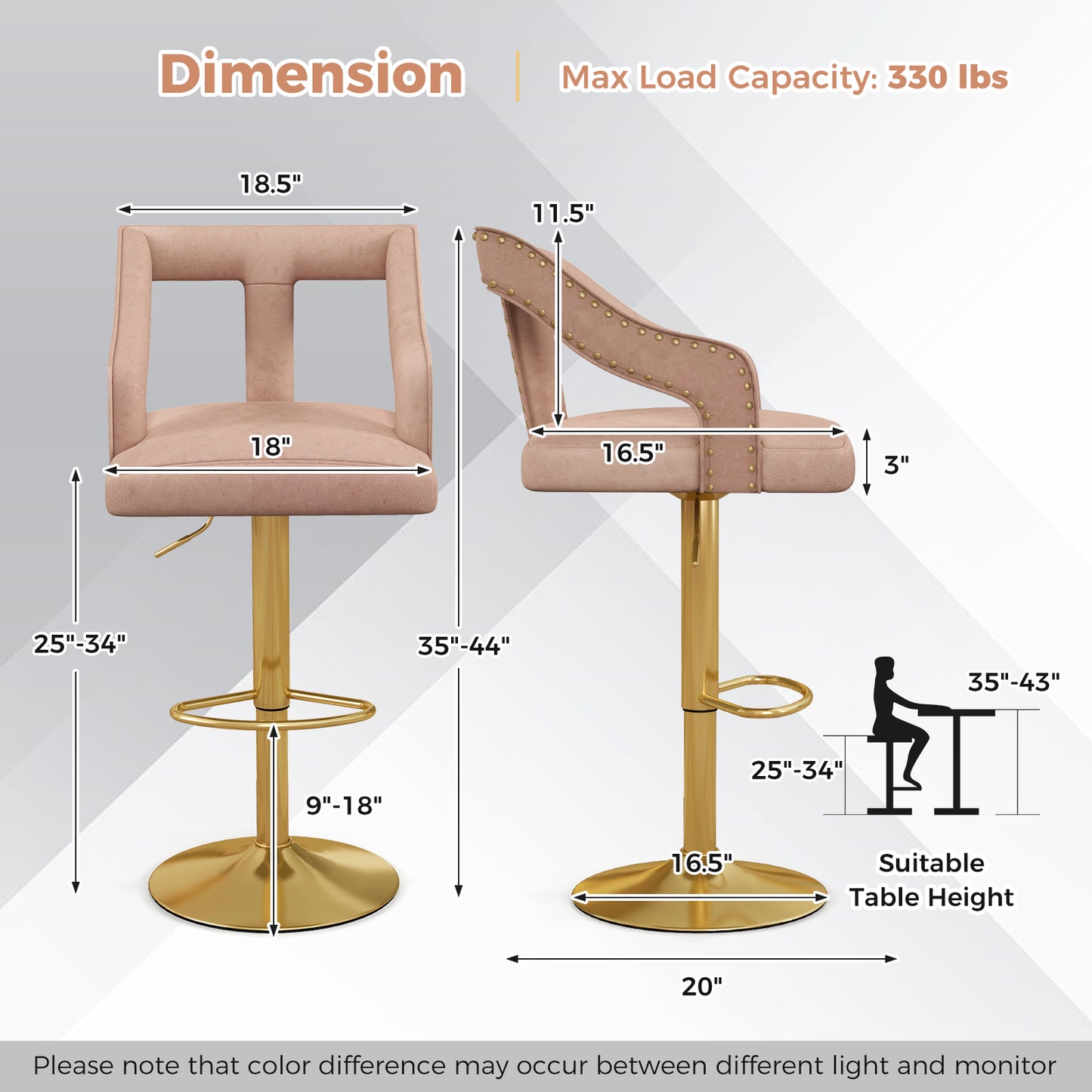Velvet Swivel Bar Stools Set of 2 with Adjustable Height