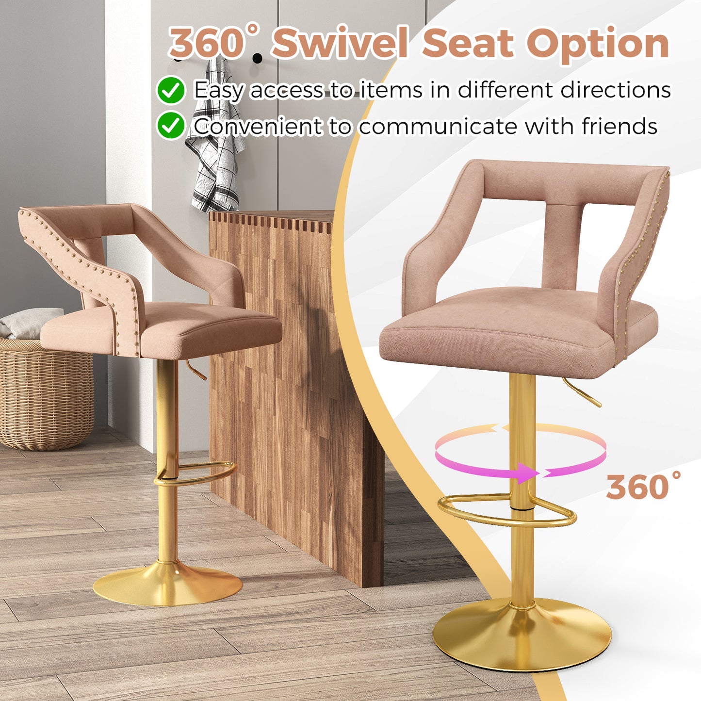 Velvet Swivel Bar Stools Set of 2 with Adjustable Height