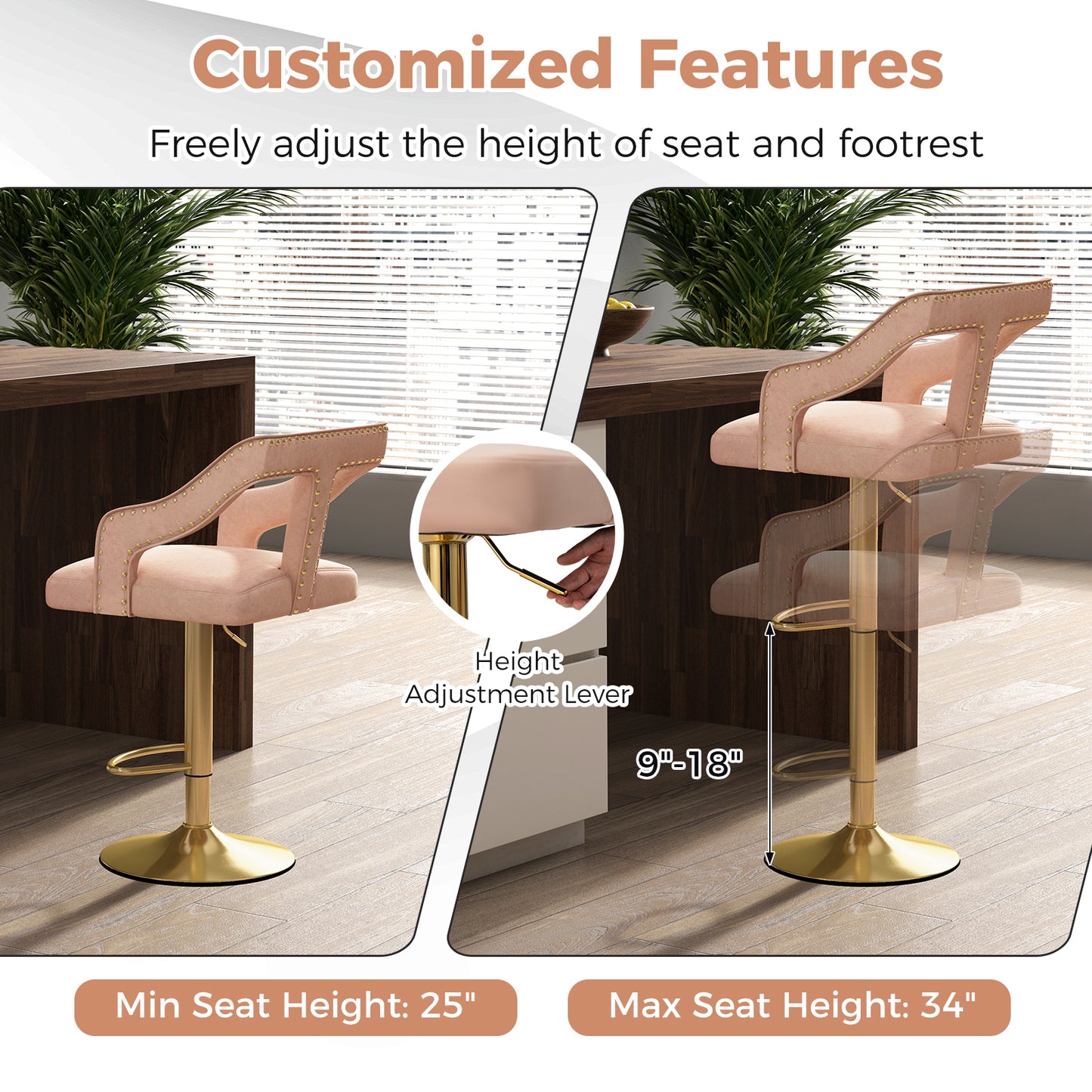 Velvet Swivel Bar Stools Set of 2 with Adjustable Height