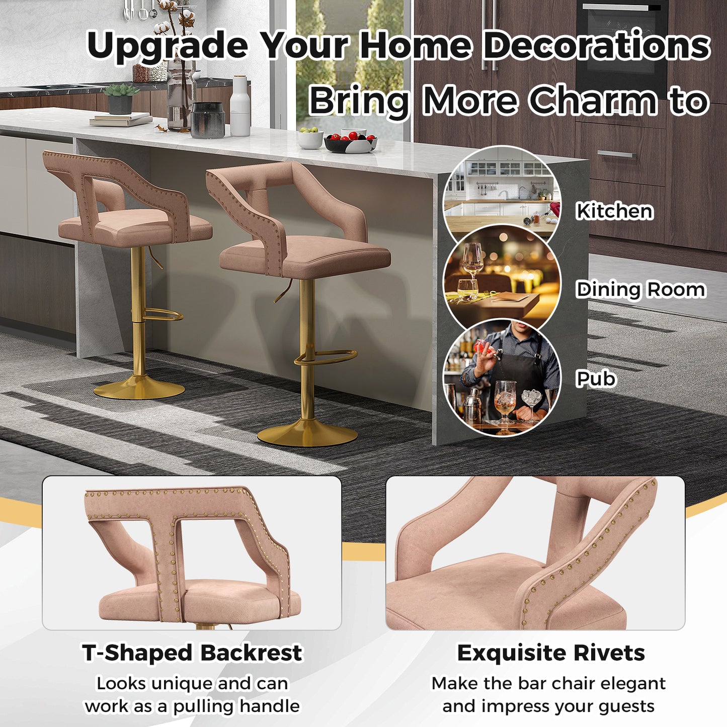Velvet Swivel Bar Stools Set of 2 with Adjustable Height
