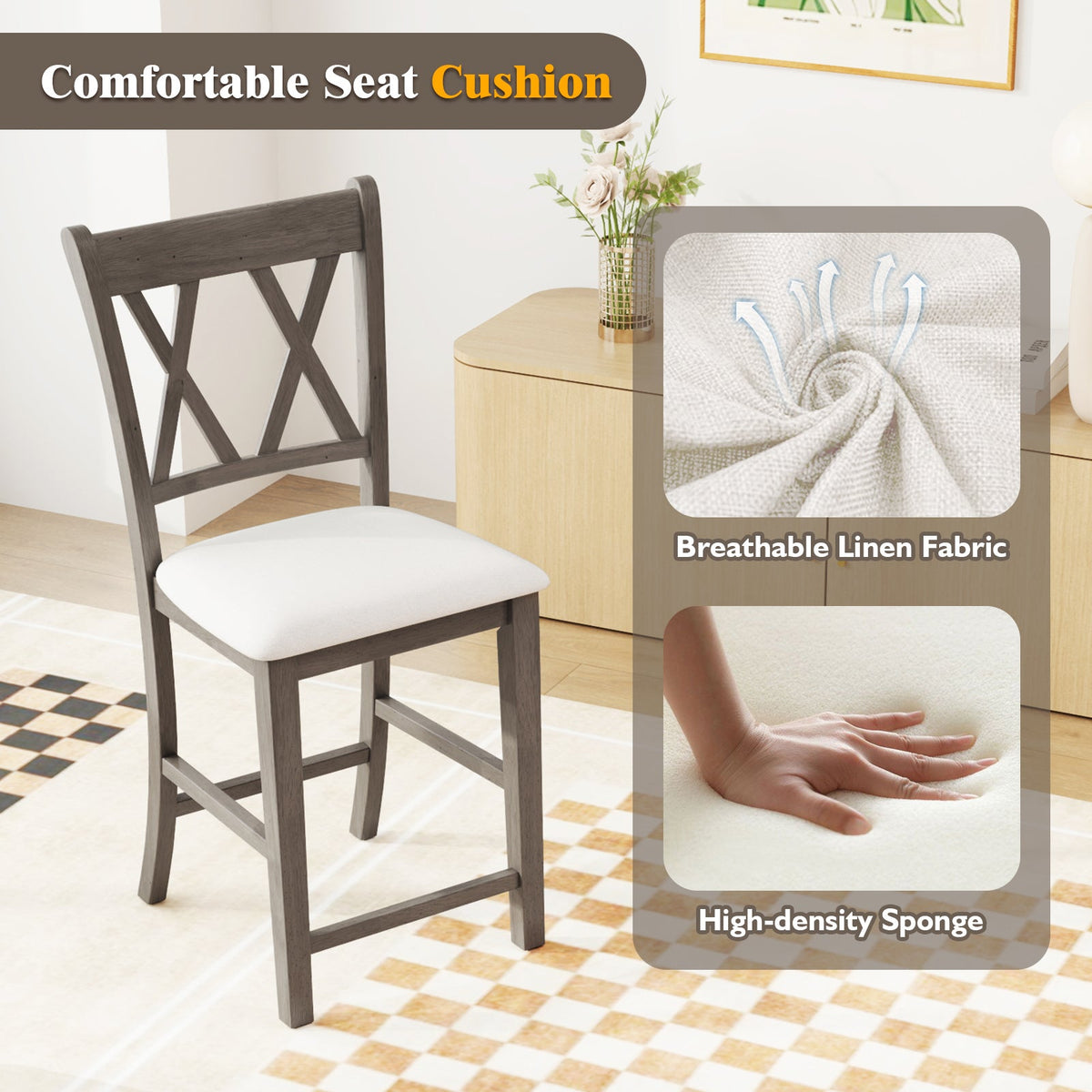 Set of 2 Bar Stools with Cross Back and Linen Fabric Upholstered Seat-Beige