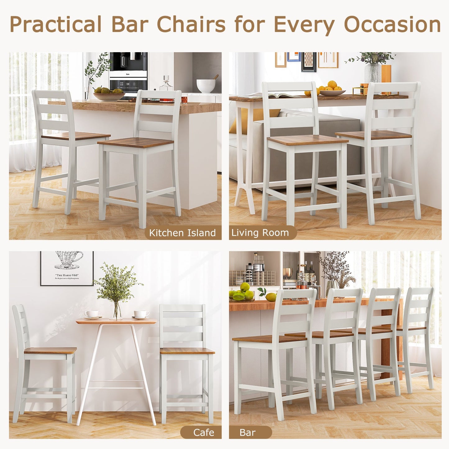 Set of 2 Counter Bar Stool with Inclined Backrest and Footrest-Gray