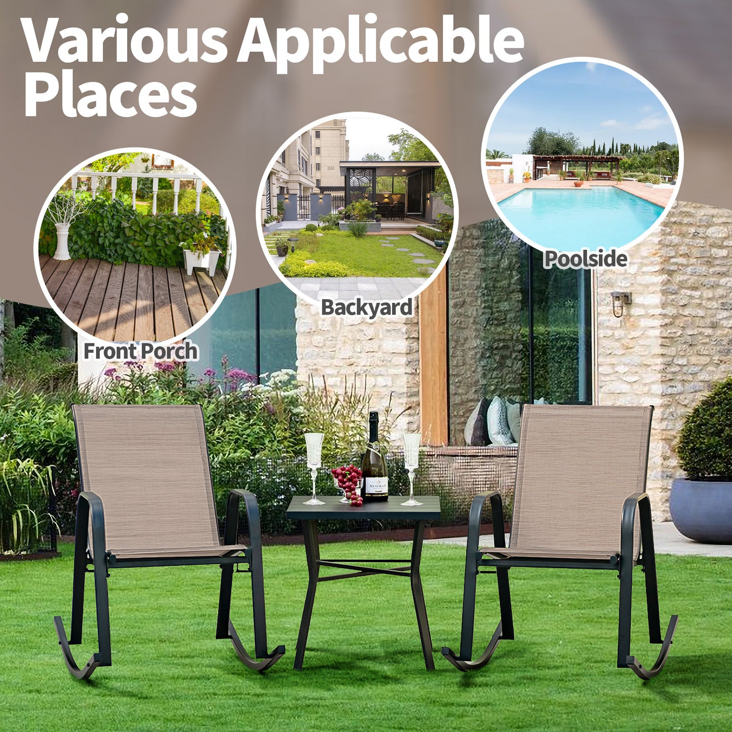 Metal Patio Rocking Chairs Set of 2 with Breathable Fabric