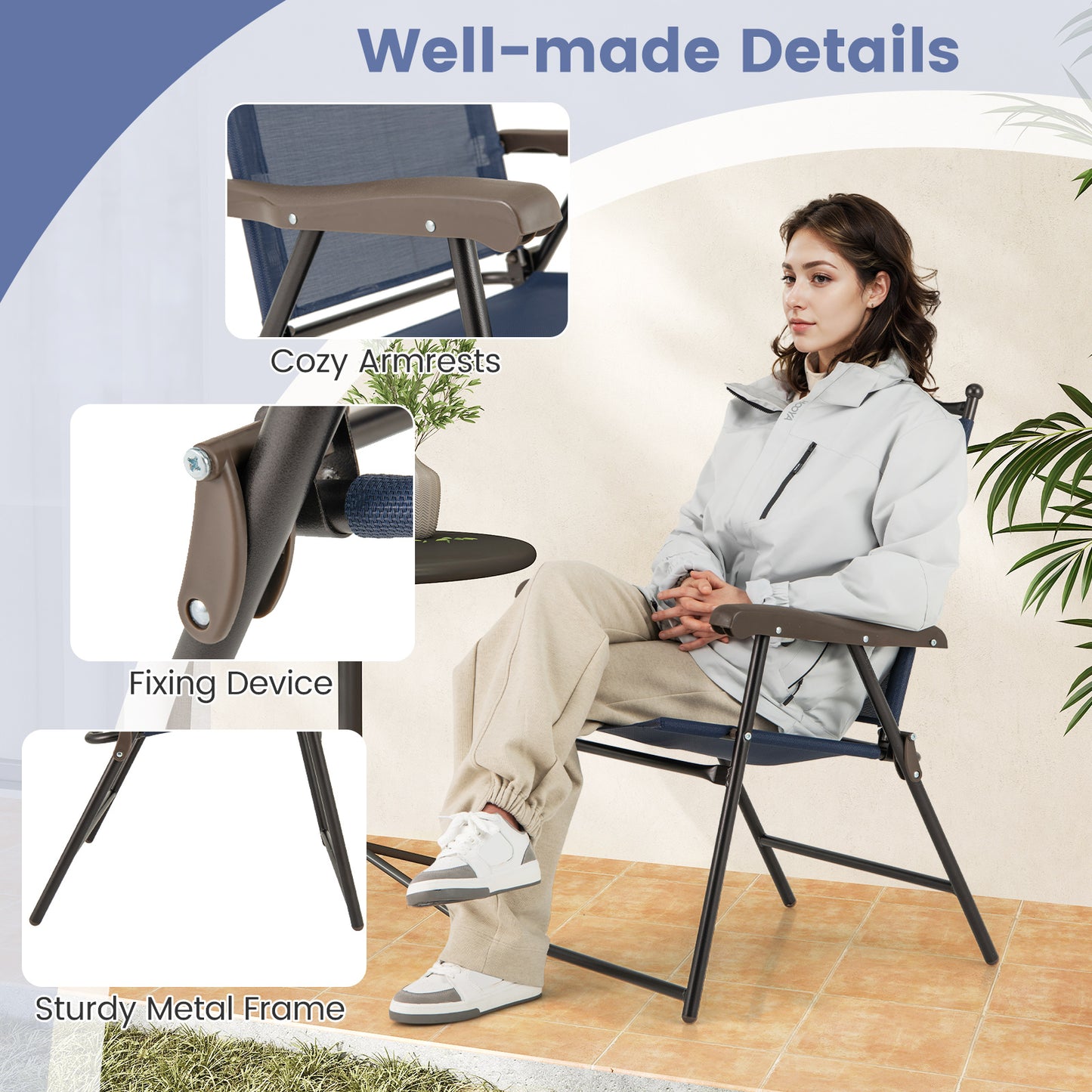 Folding Sling Back Patio Chairs Set of 2
