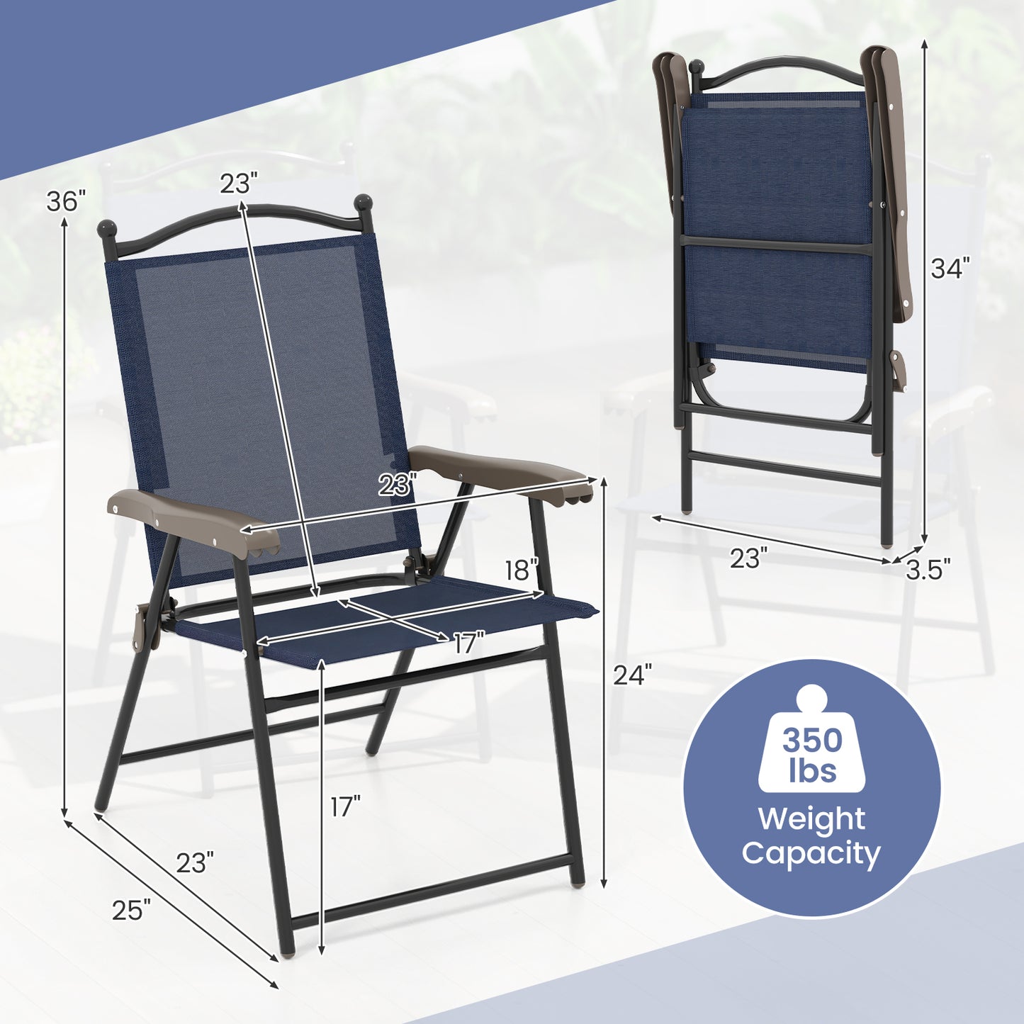 Folding Sling Back Patio Chairs Set of 2