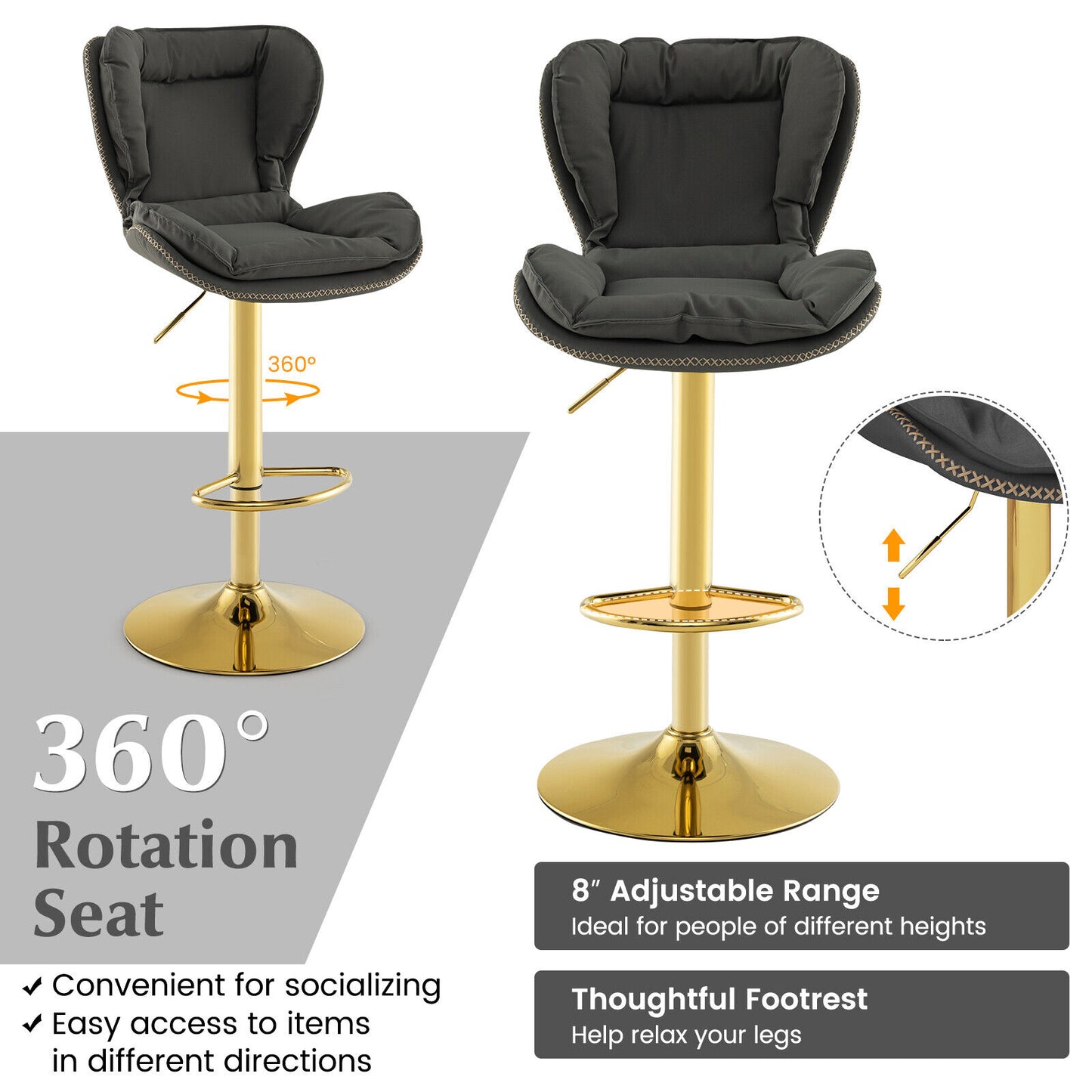 Swivel Bar Stools Set of 2 with Adjustable Height and Backrest