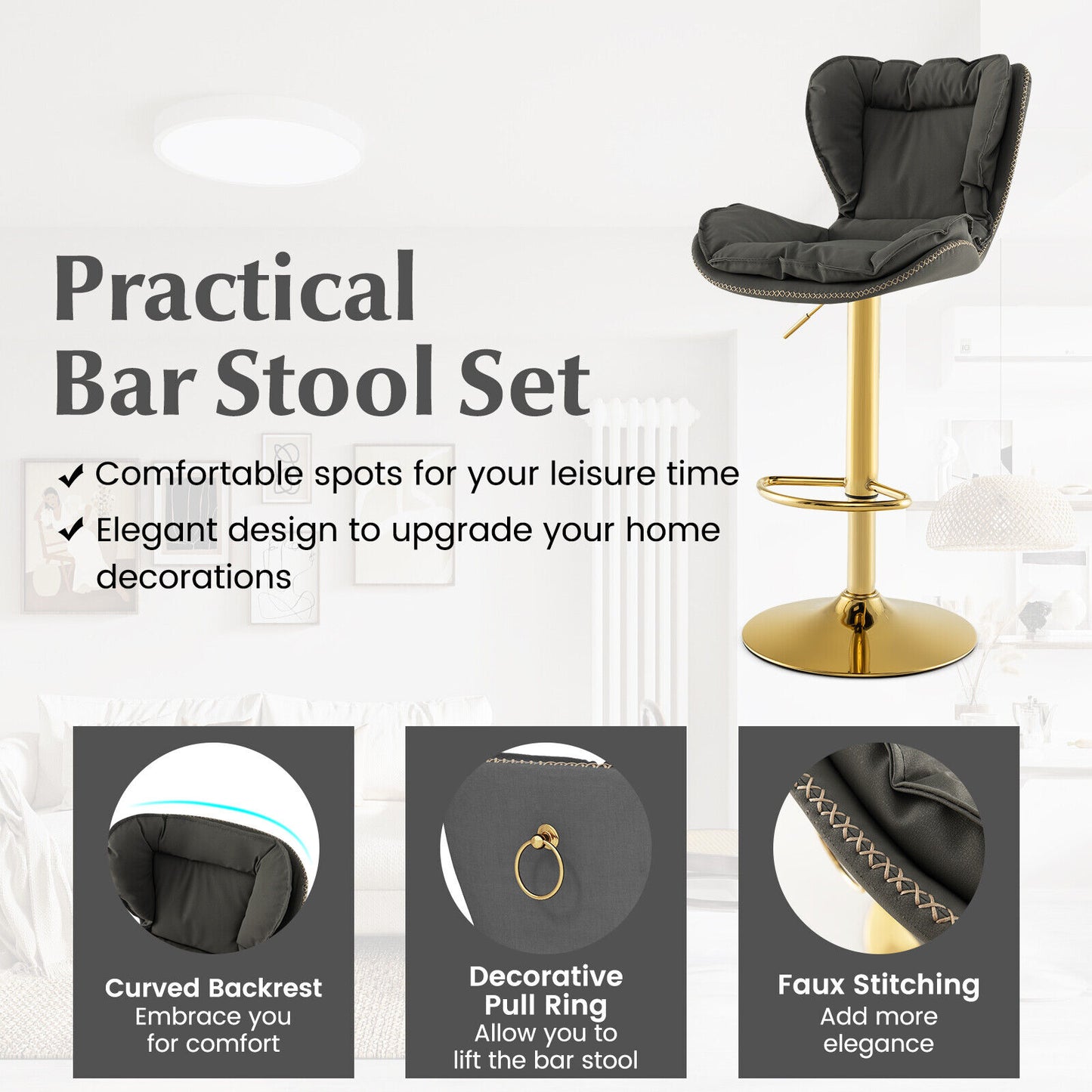 Swivel Bar Stools Set of 2 with Adjustable Height and Backrest