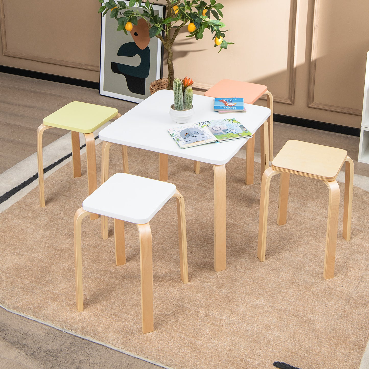 Square Wooden Stools Set of 4 with Anti-Slip Pads