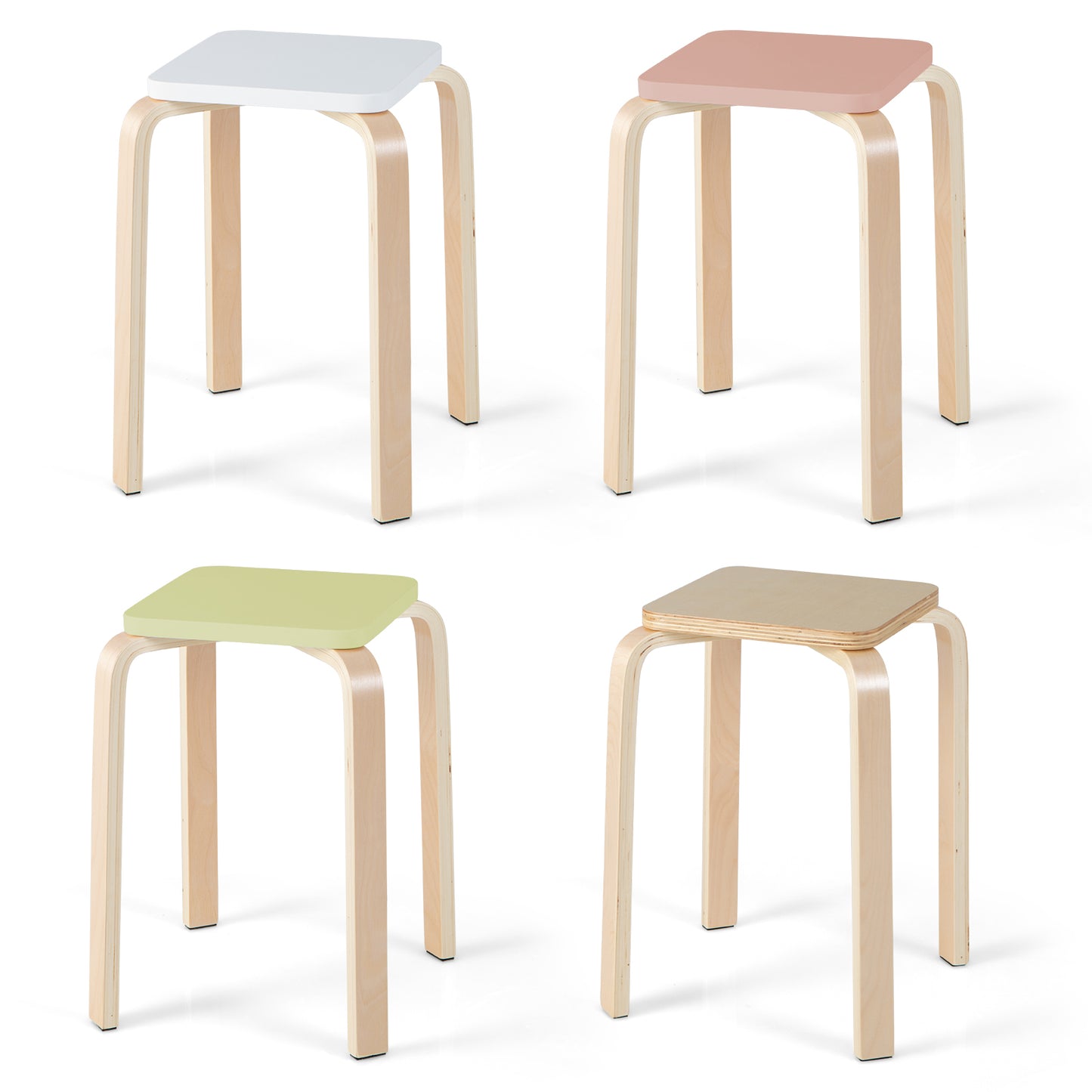 Square Wooden Stools Set of 4 with Anti-Slip Pads
