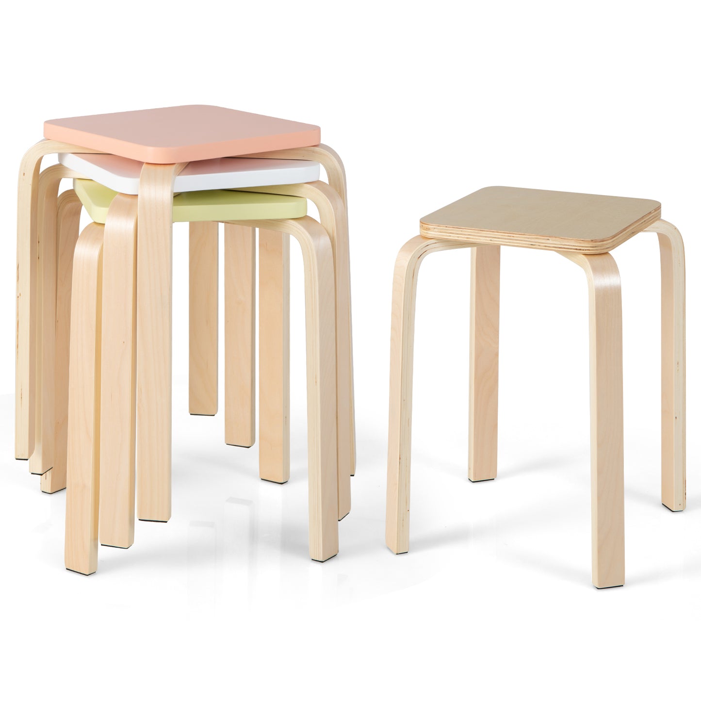 Square Wooden Stools Set of 4 with Anti-Slip Pads
