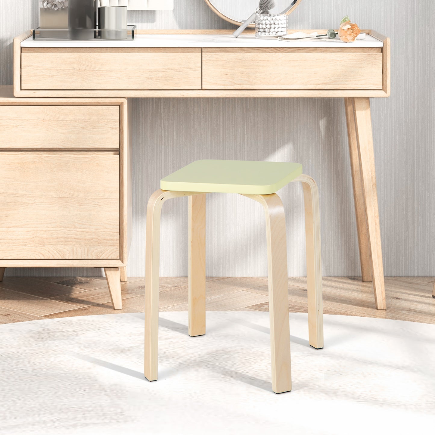 Square Wooden Stools Set of 4 with Anti-Slip Pads