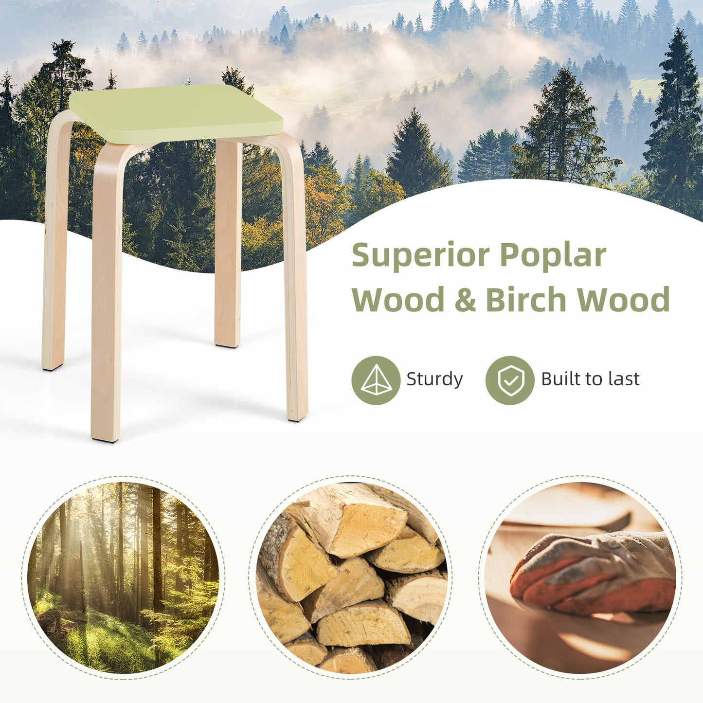 Square Wooden Stools Set of 4 with Anti-Slip Pads