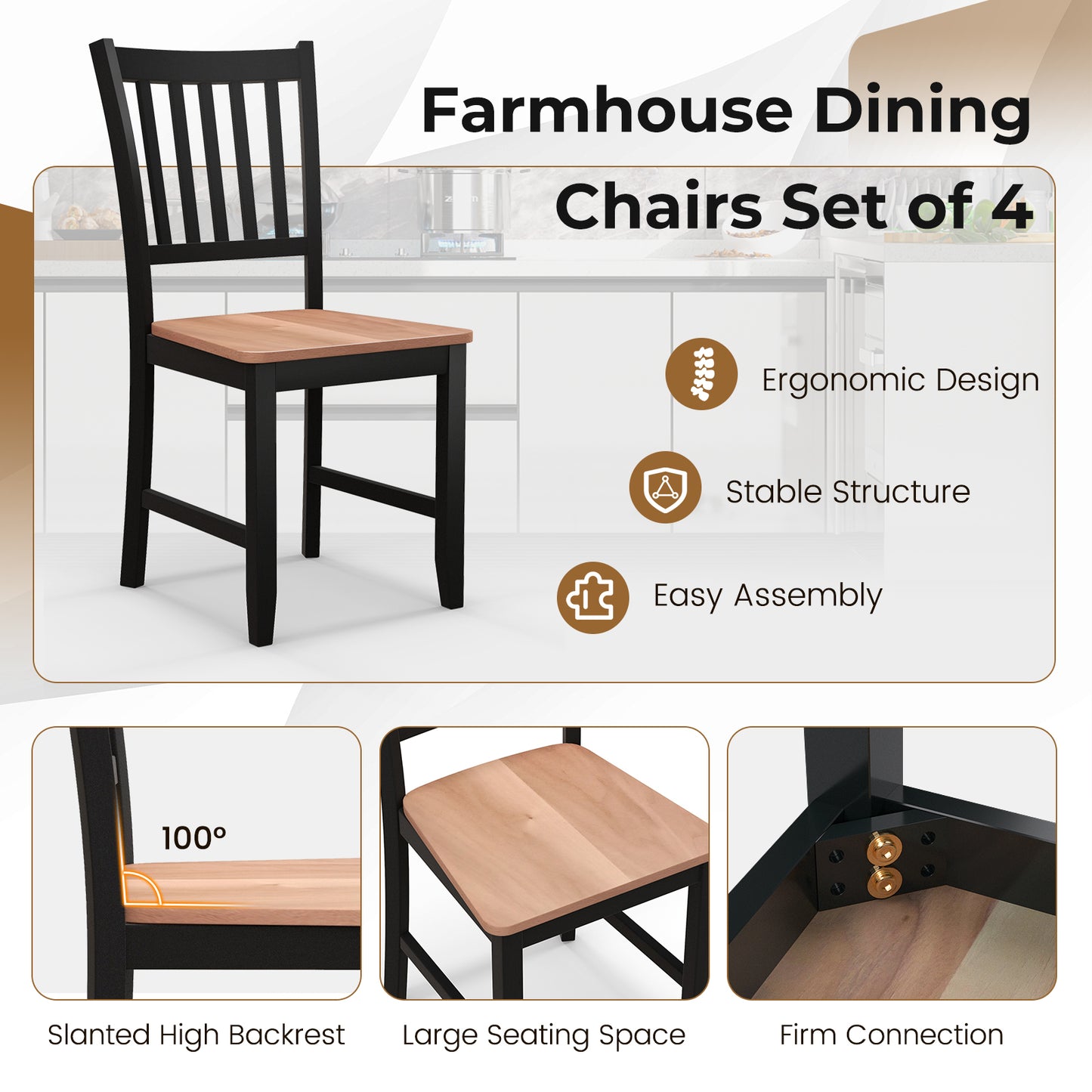 Spindle Back Dining Chairs Set of 4 with Wooden Legs