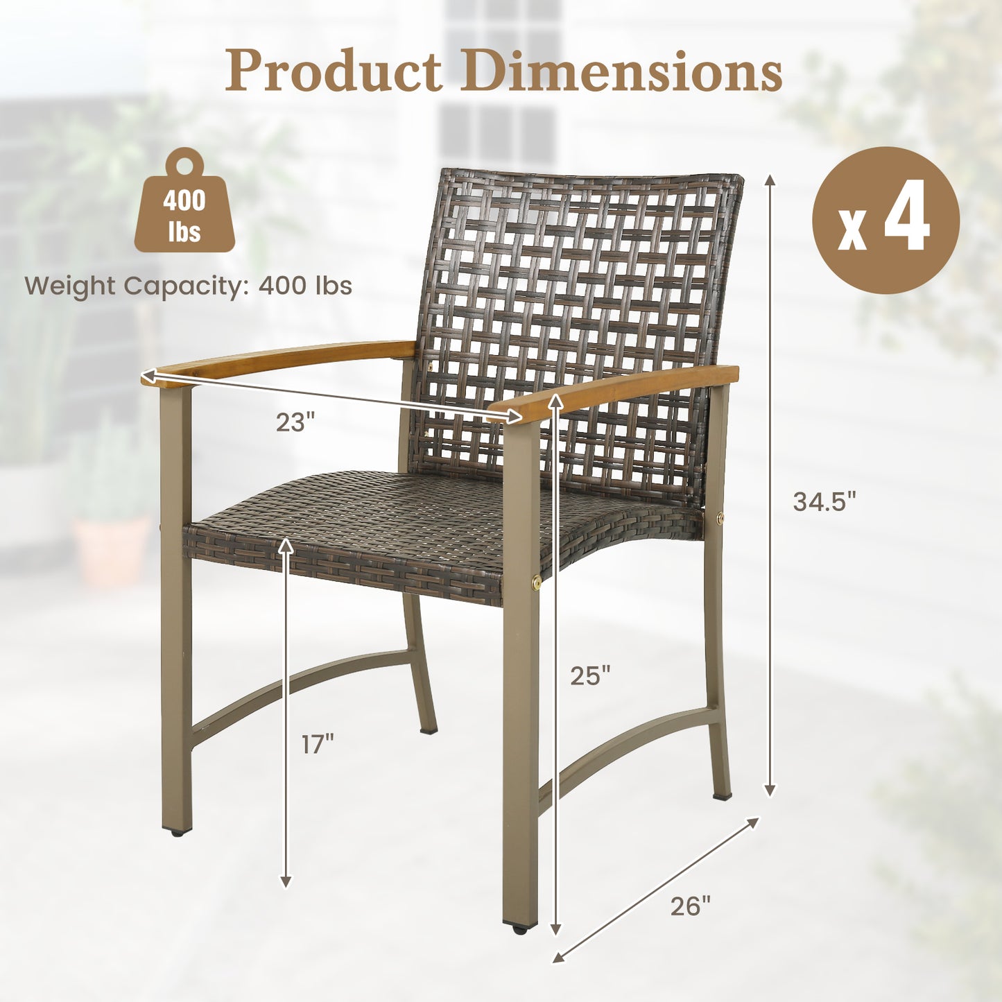 Patio Rattan Dining Chairs with Acacia Wood Armrests, Set of 4
