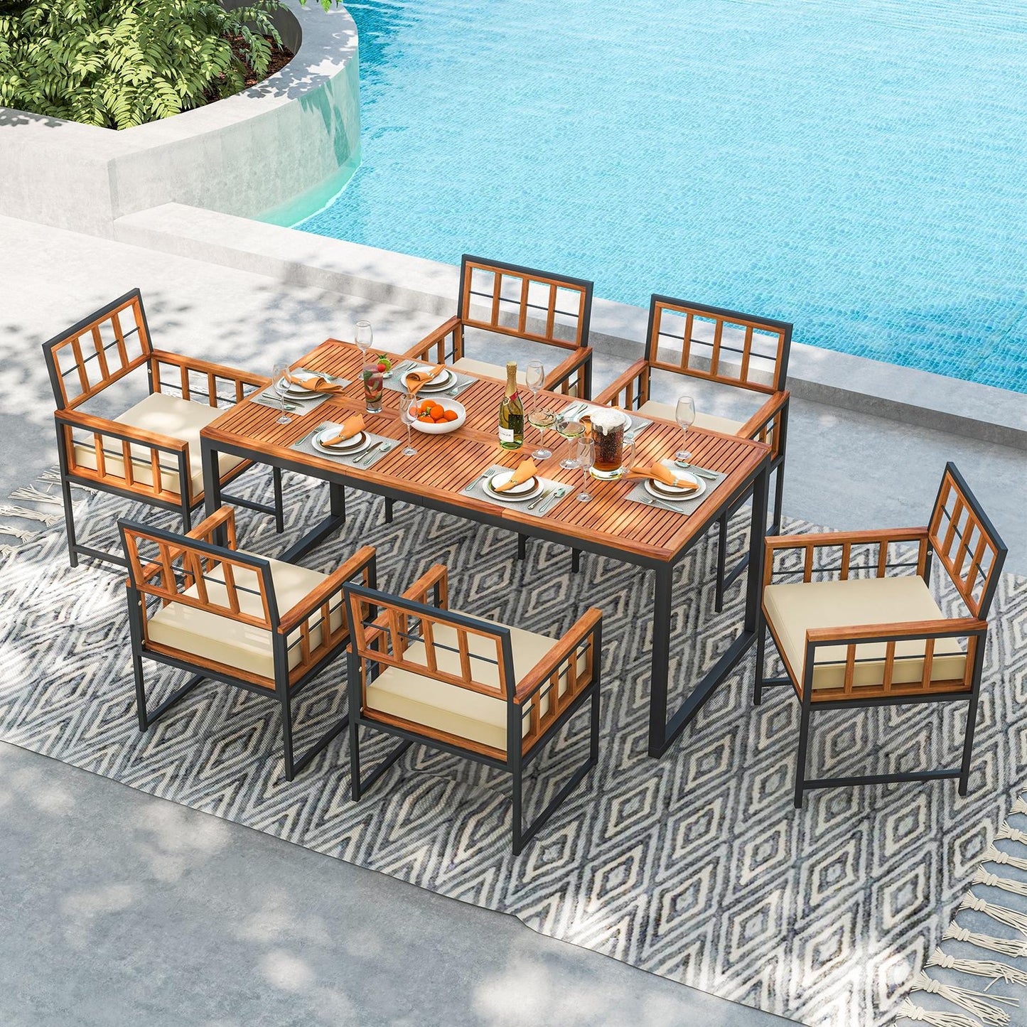 Acacia Wood Patio Dining Chairs Set of 6 with Cushions