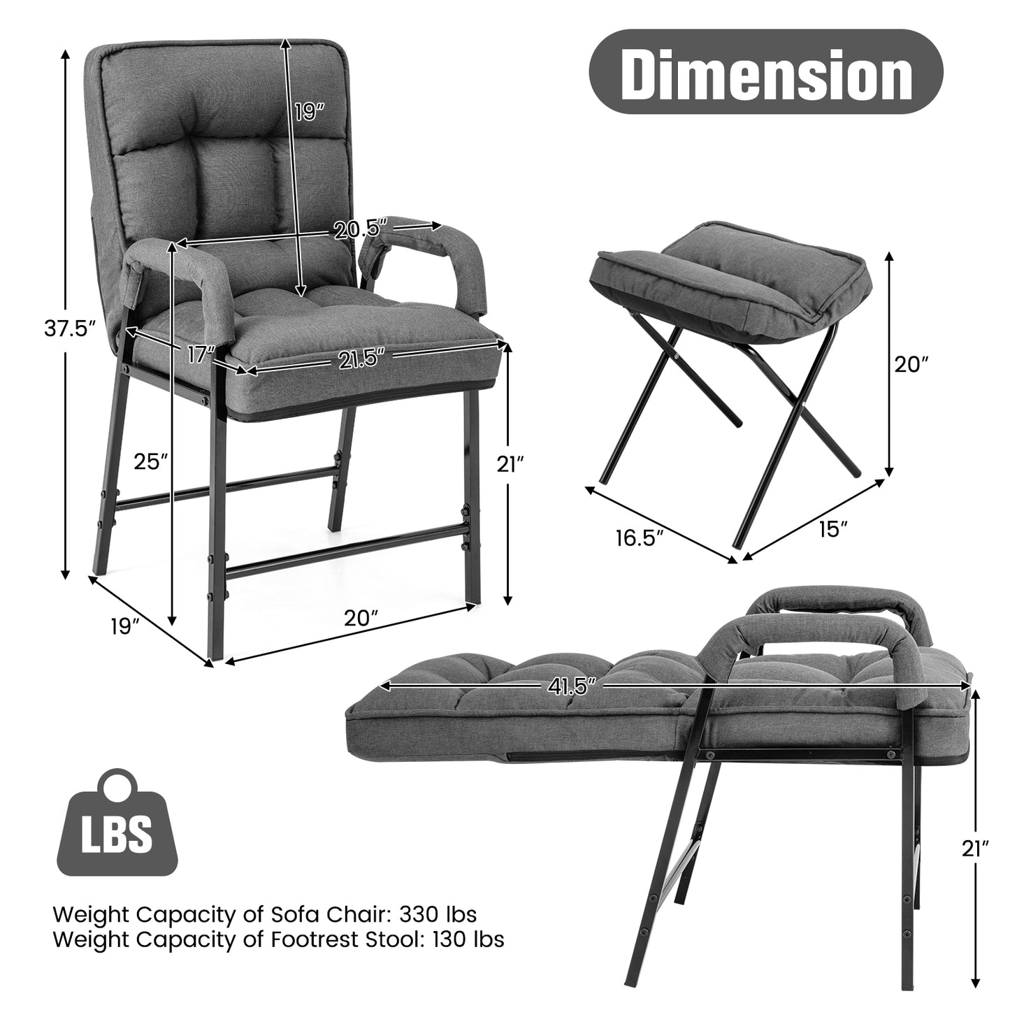 Adjustable Accent Chair with Ottoman - Linen Fabric
