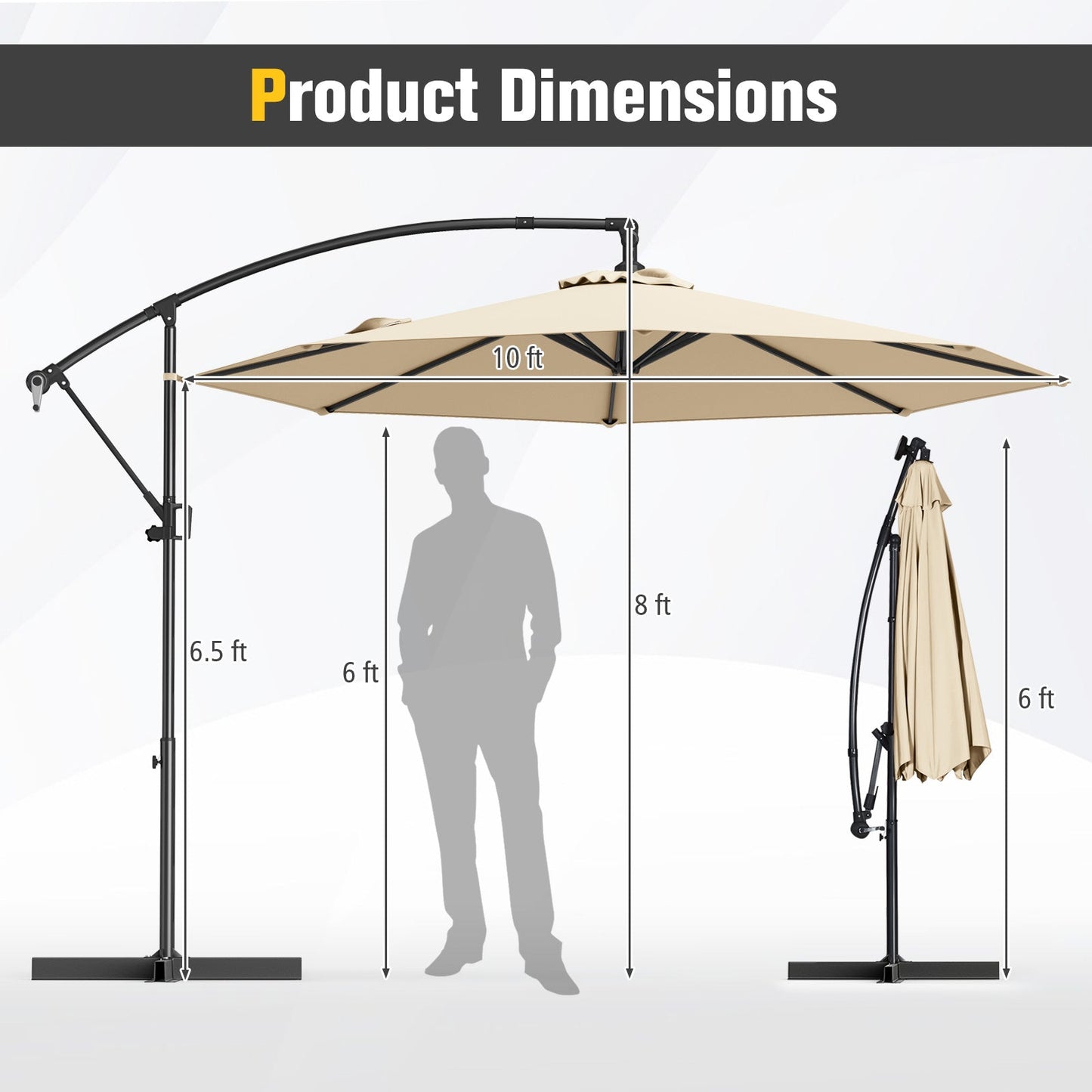 10 Feet Offset Hanging Umbrella with Base and Infinite Tilt