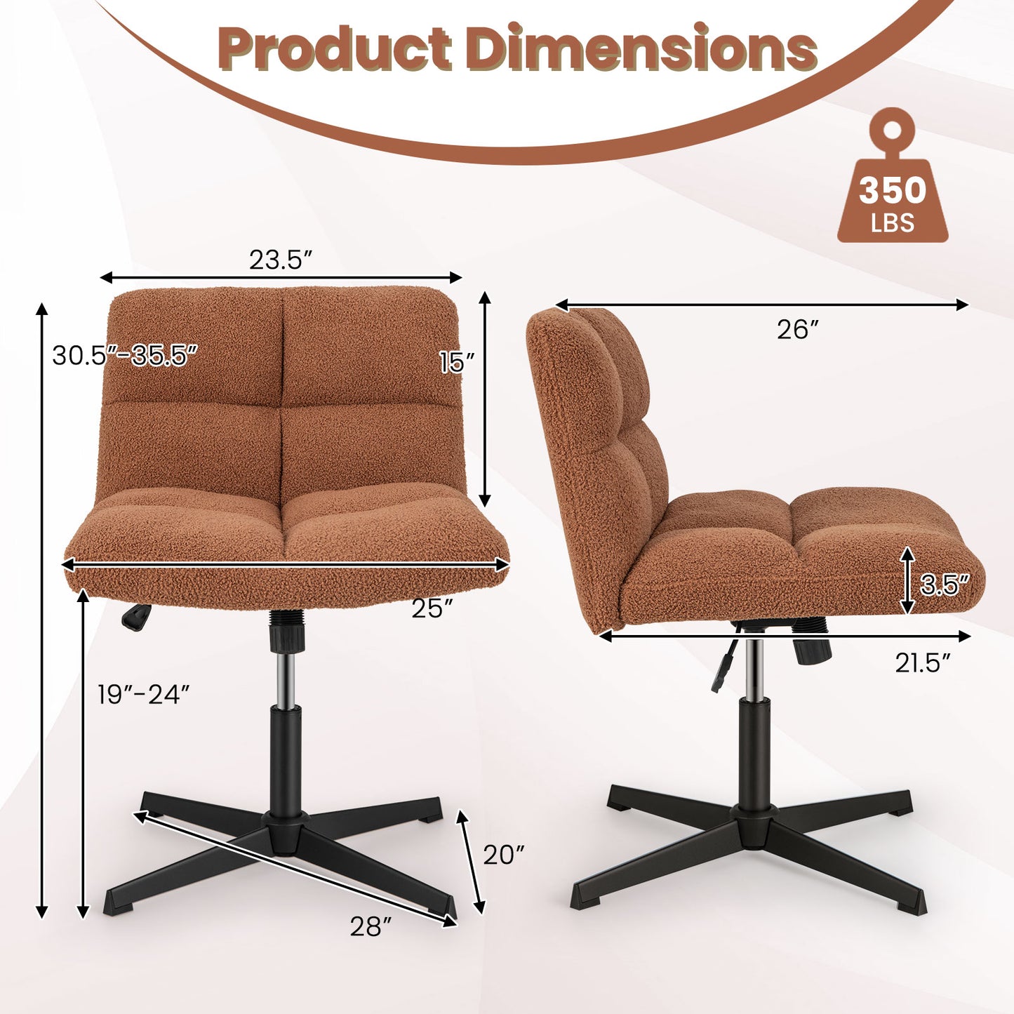 Armless Office Chair with Lamb Fleece & Adjustable Height