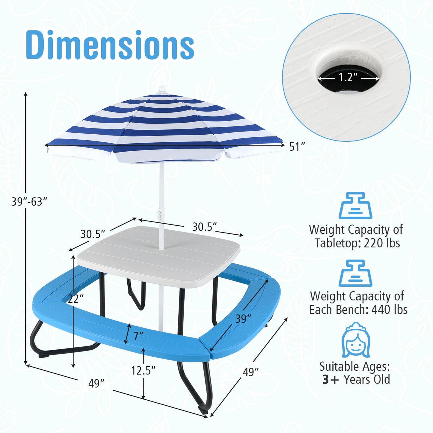 Kids Picnic Table with Adjustable Umbrella for 8 Children
