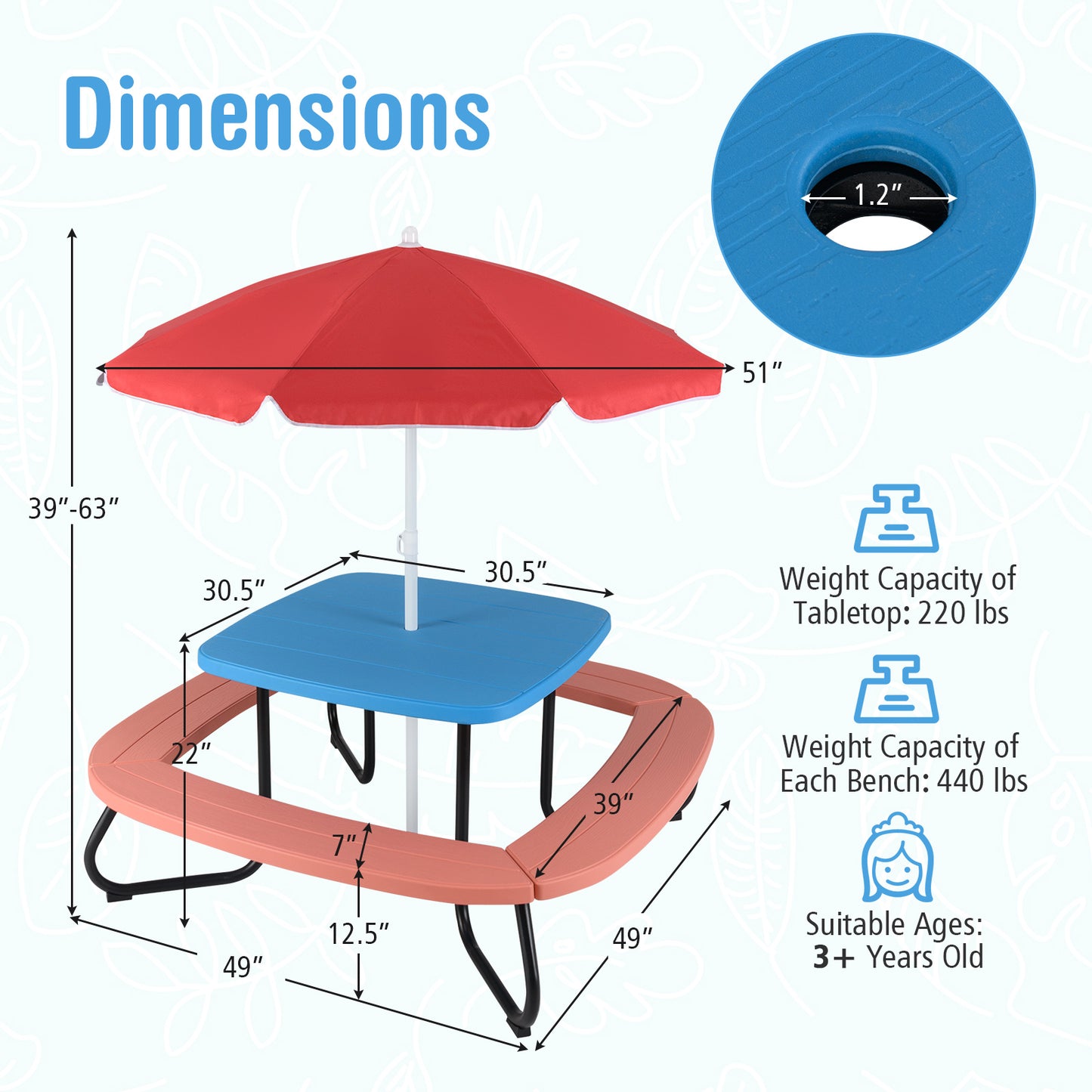 Kids Picnic Table with Adjustable Umbrella for 8 Children