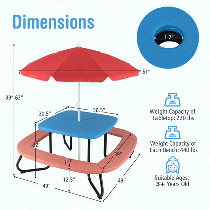 Kids Picnic Table with Adjustable Umbrella for 8 Children
