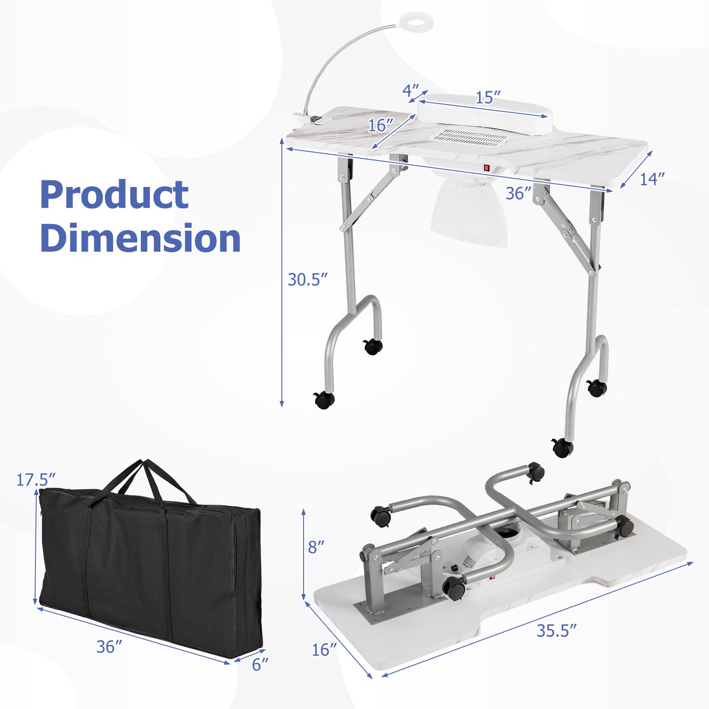 Folding Manicure Nail Table with Electric Dust Collector-White