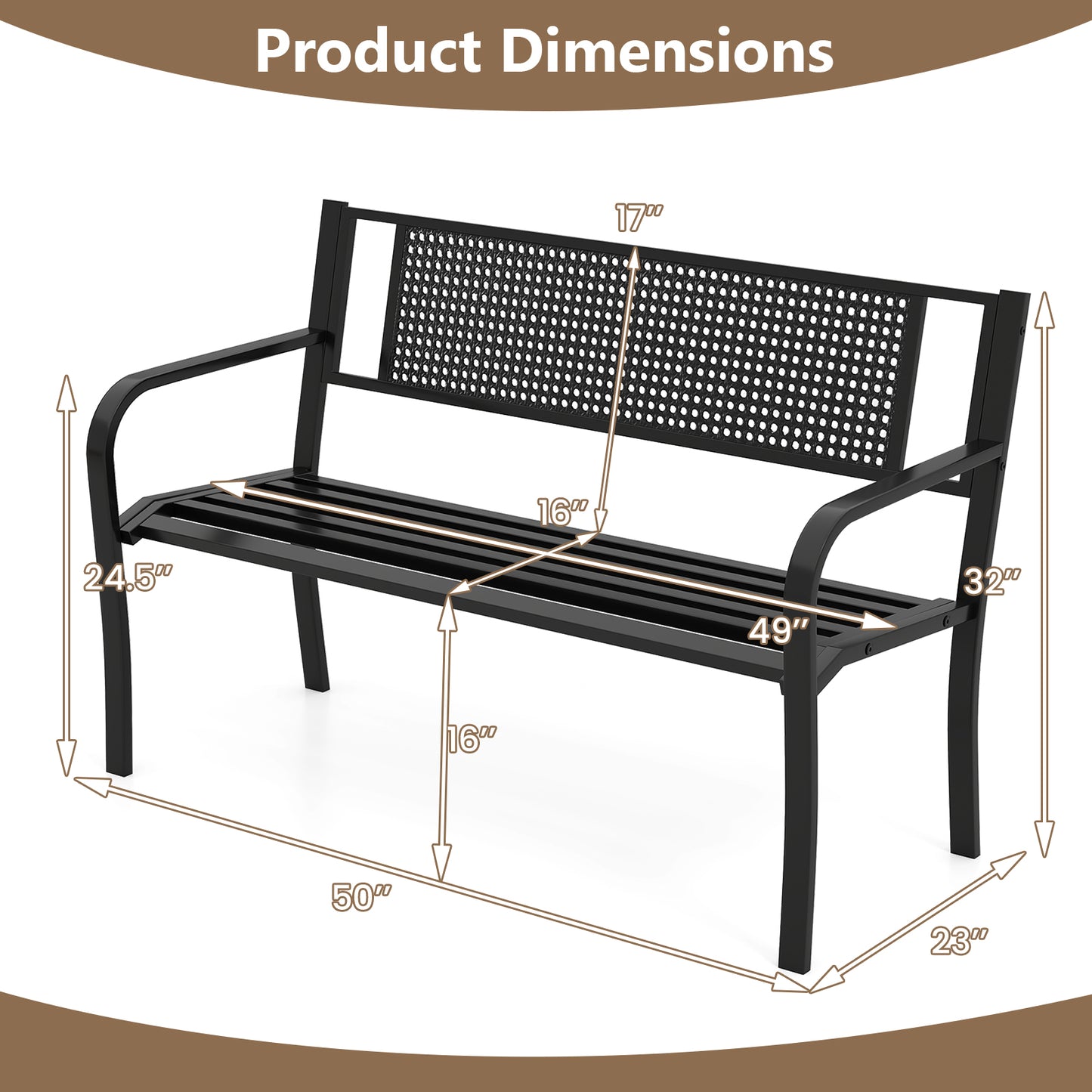 50-Inch Metal Garden Bench with Patterned Backrest