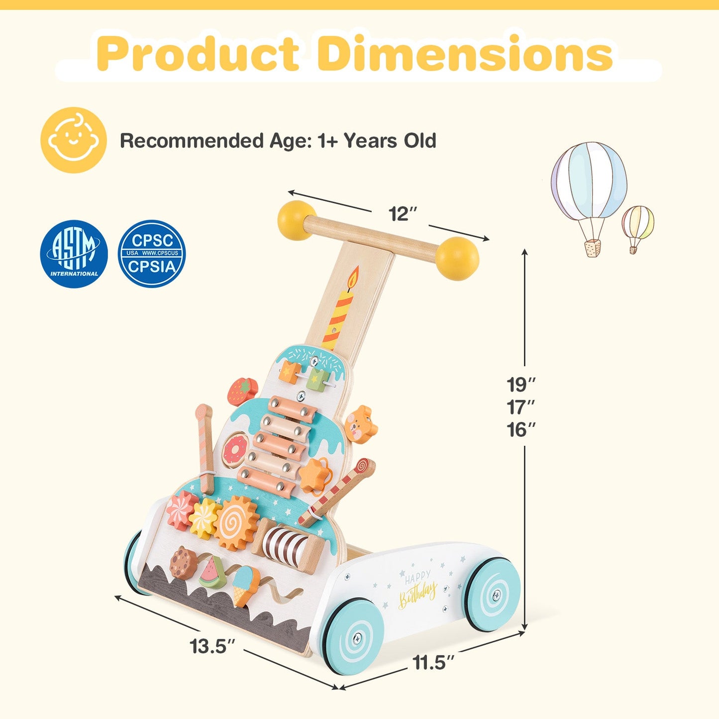 Wooden Baby Walker with Adjustable Heights and Smooth Wheels-White