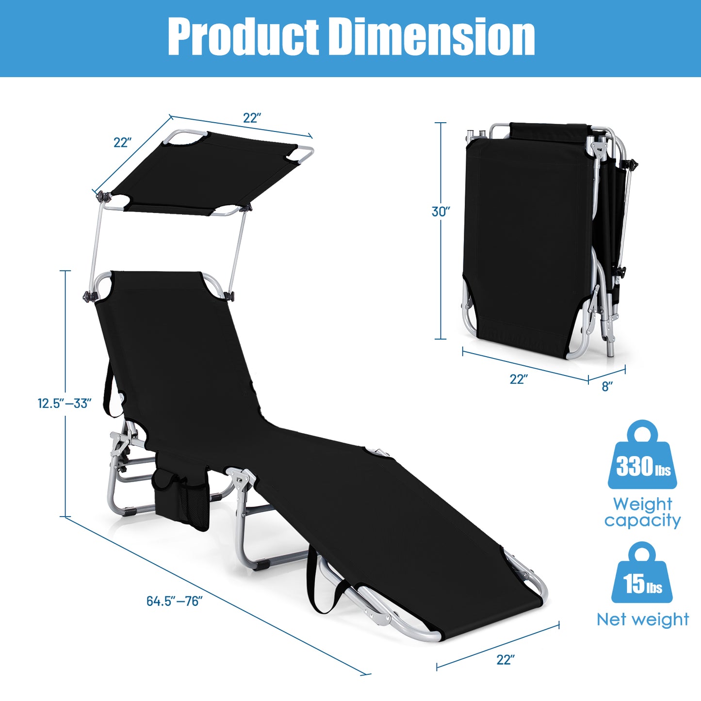 Reclining Outdoor Chaise Lounge Chair with Canopy - Set of 2