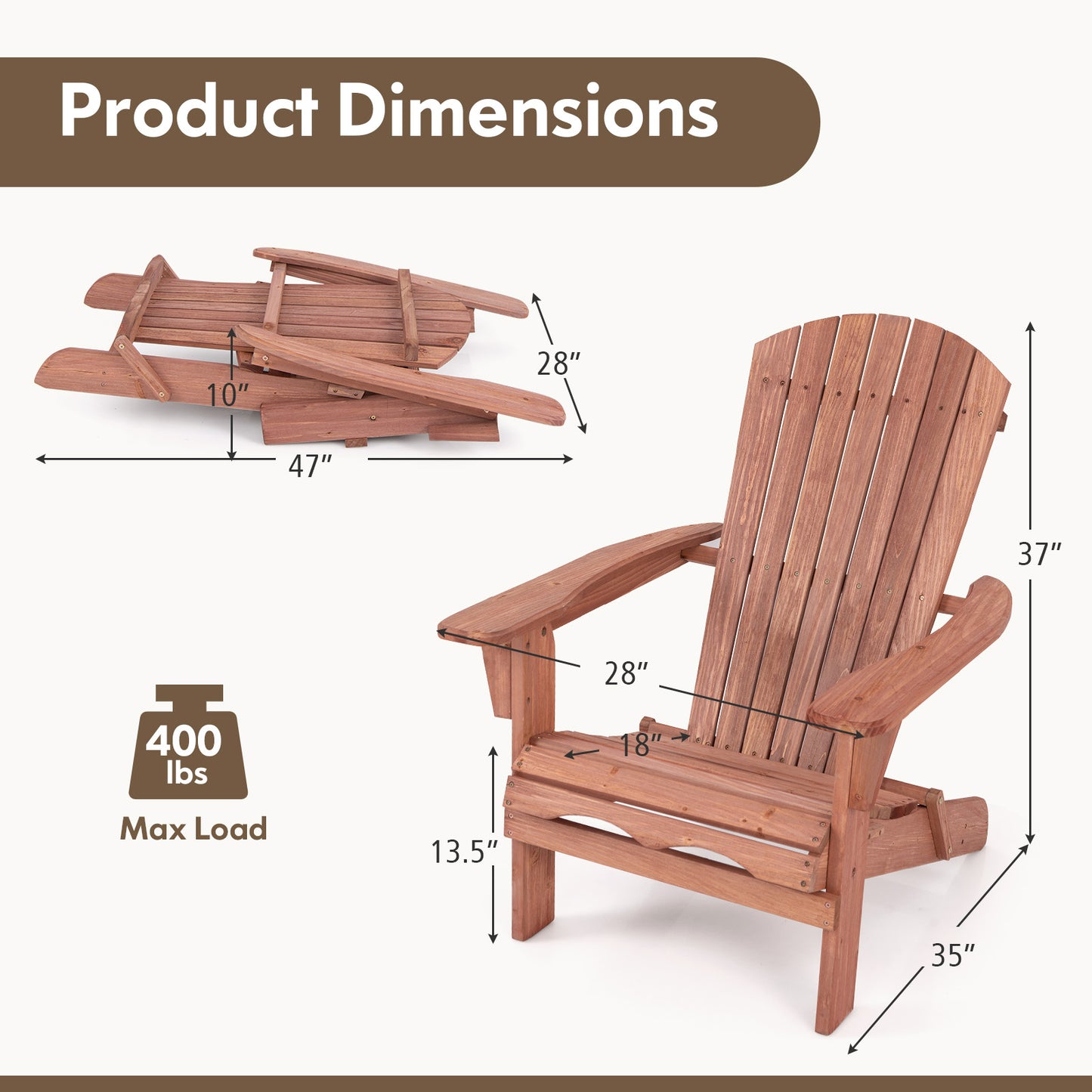 Folding Adirondack Chair with High Backrest - Gray