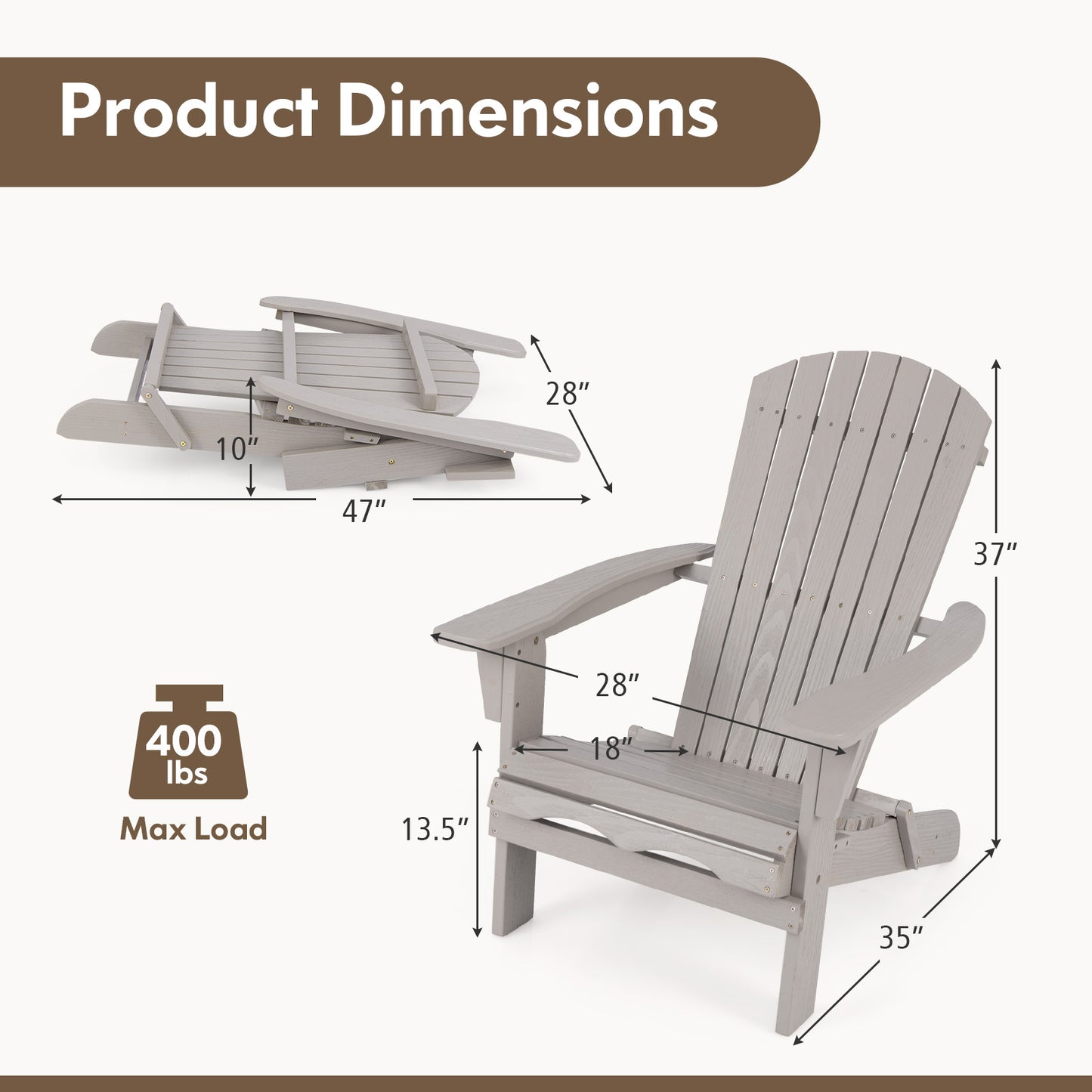 Folding Adirondack Chair with High Backrest - Gray