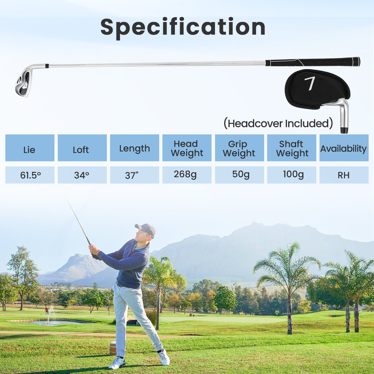 #7 Iron Single Golf Club for Men with Steel Shaft and Headcover