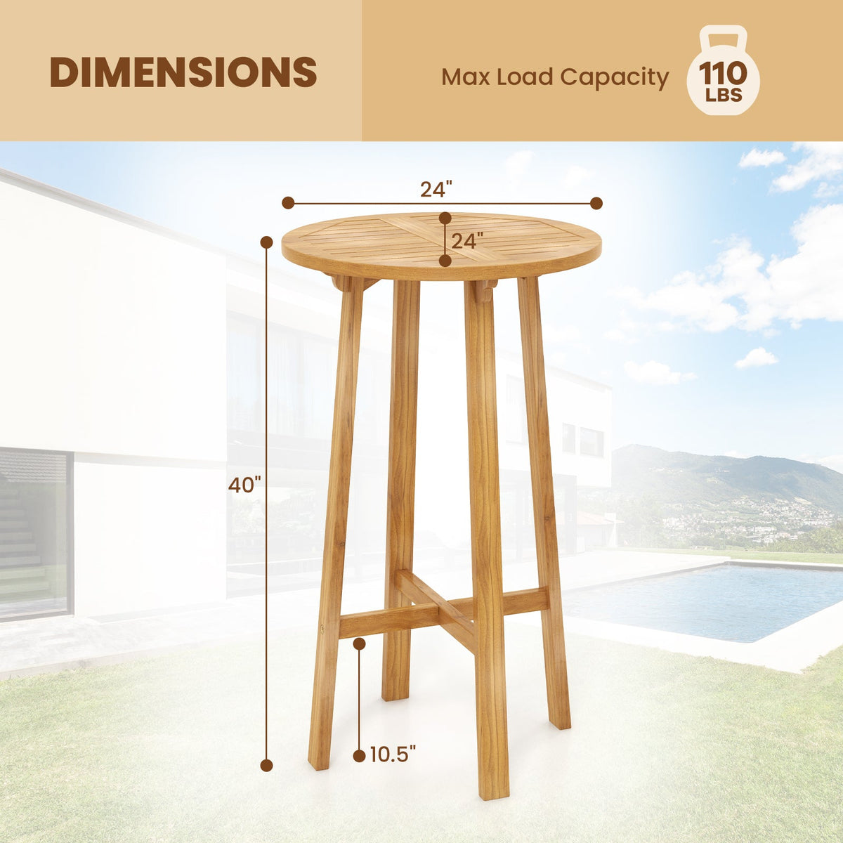 24 Inch Teak Wood Round Bar Table with Footrest for Indoors Outdoors