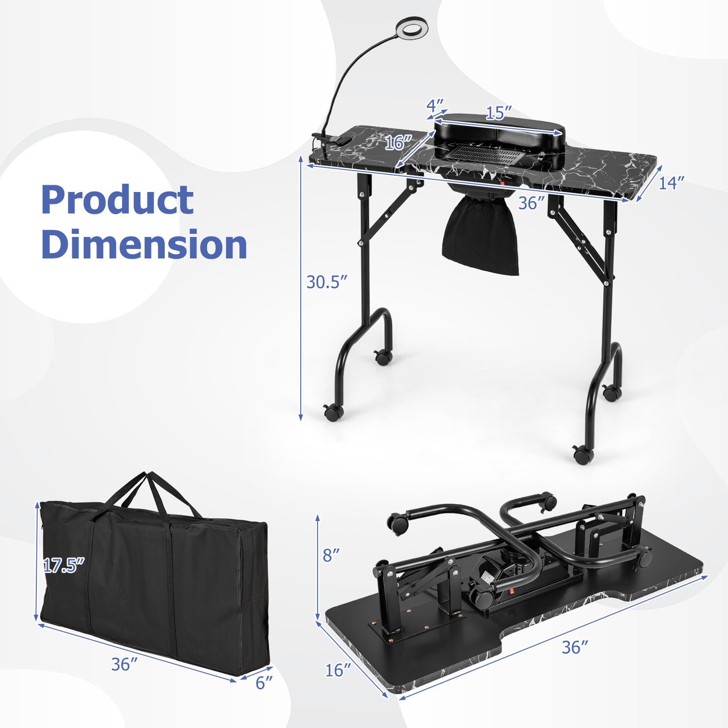 Folding Manicure Nail Table with Electric Dust Collector-Black