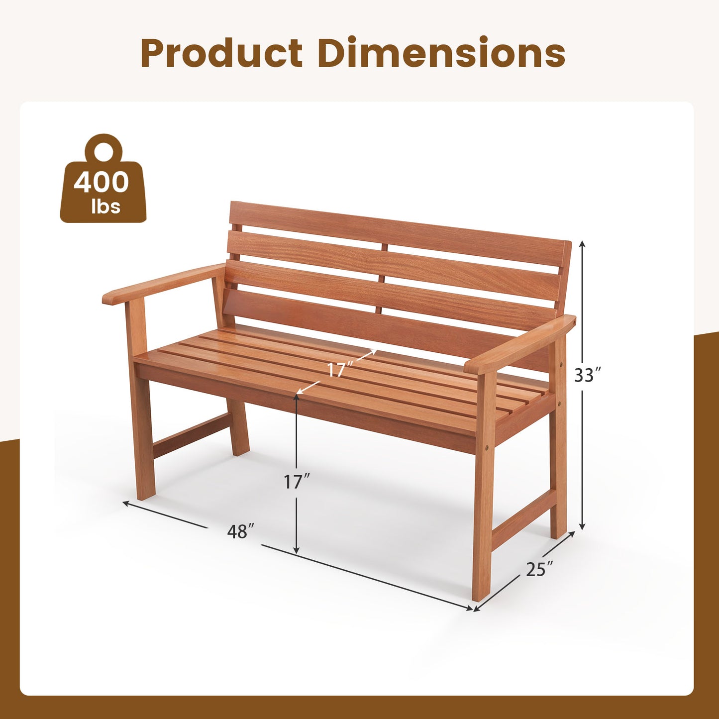 Solid Wood Outdoor Bench 2-Seat with Inclined Backrest