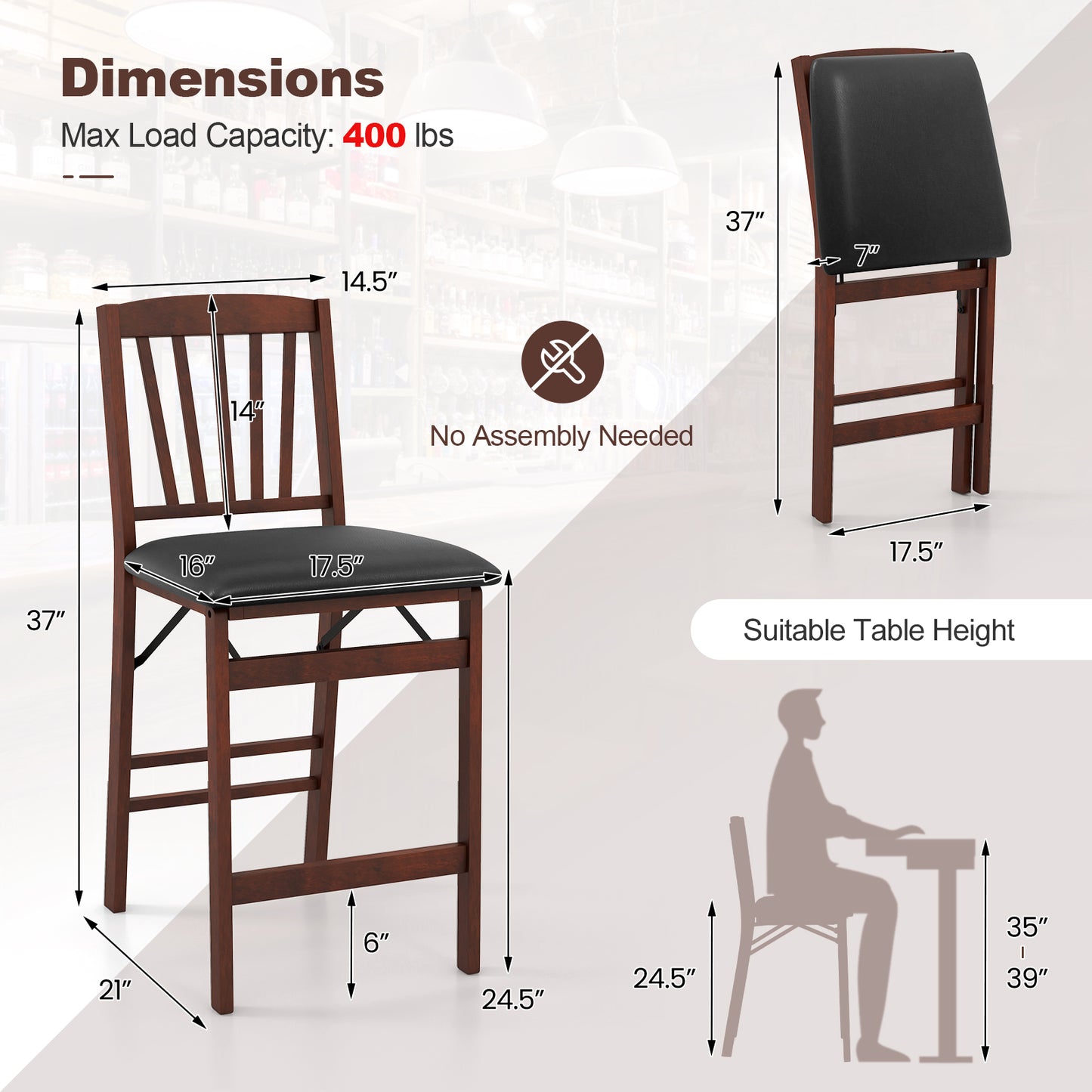 Folding Counter Height Bar Stools with Padded Seat, Set of 2