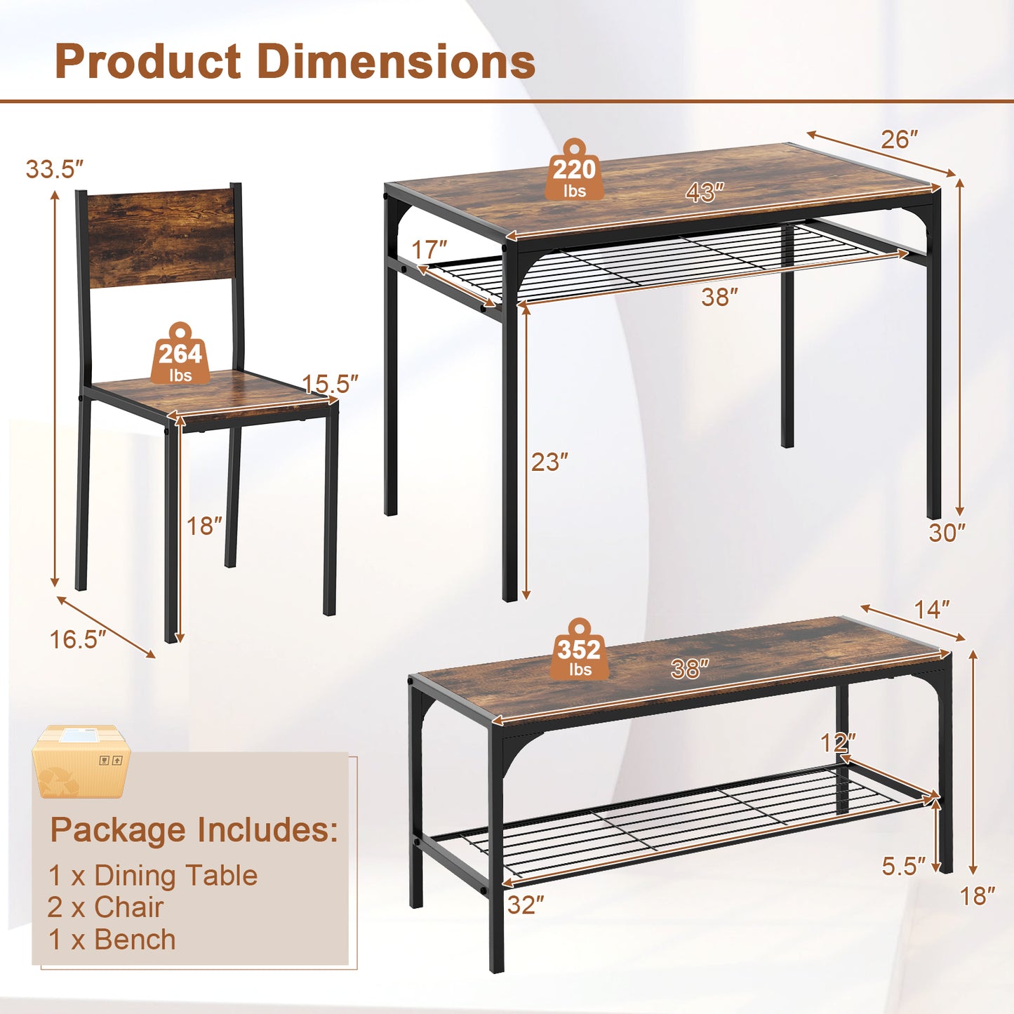 Rectangular Dining Table Set with Bench and 2 Chairs