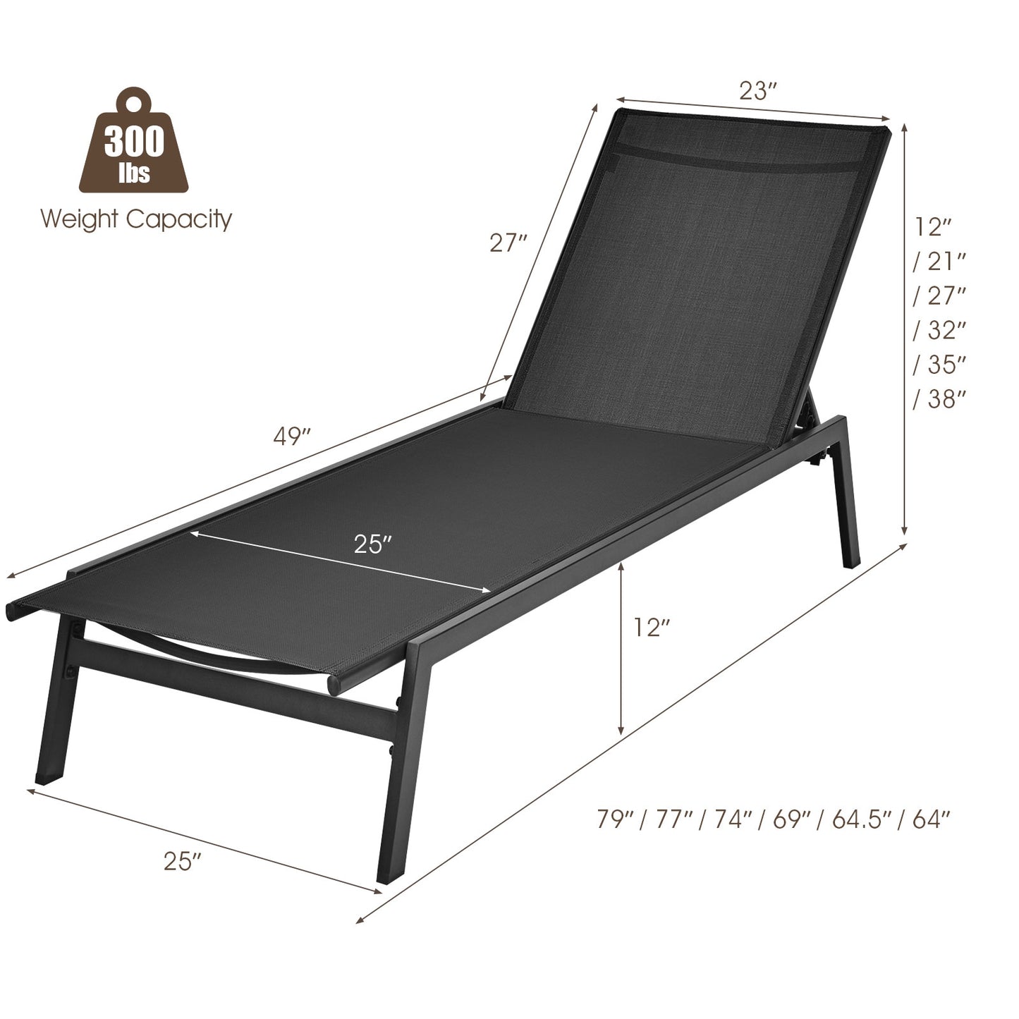 6-Position Adjustable Outdoor Chaise Lounge Chair