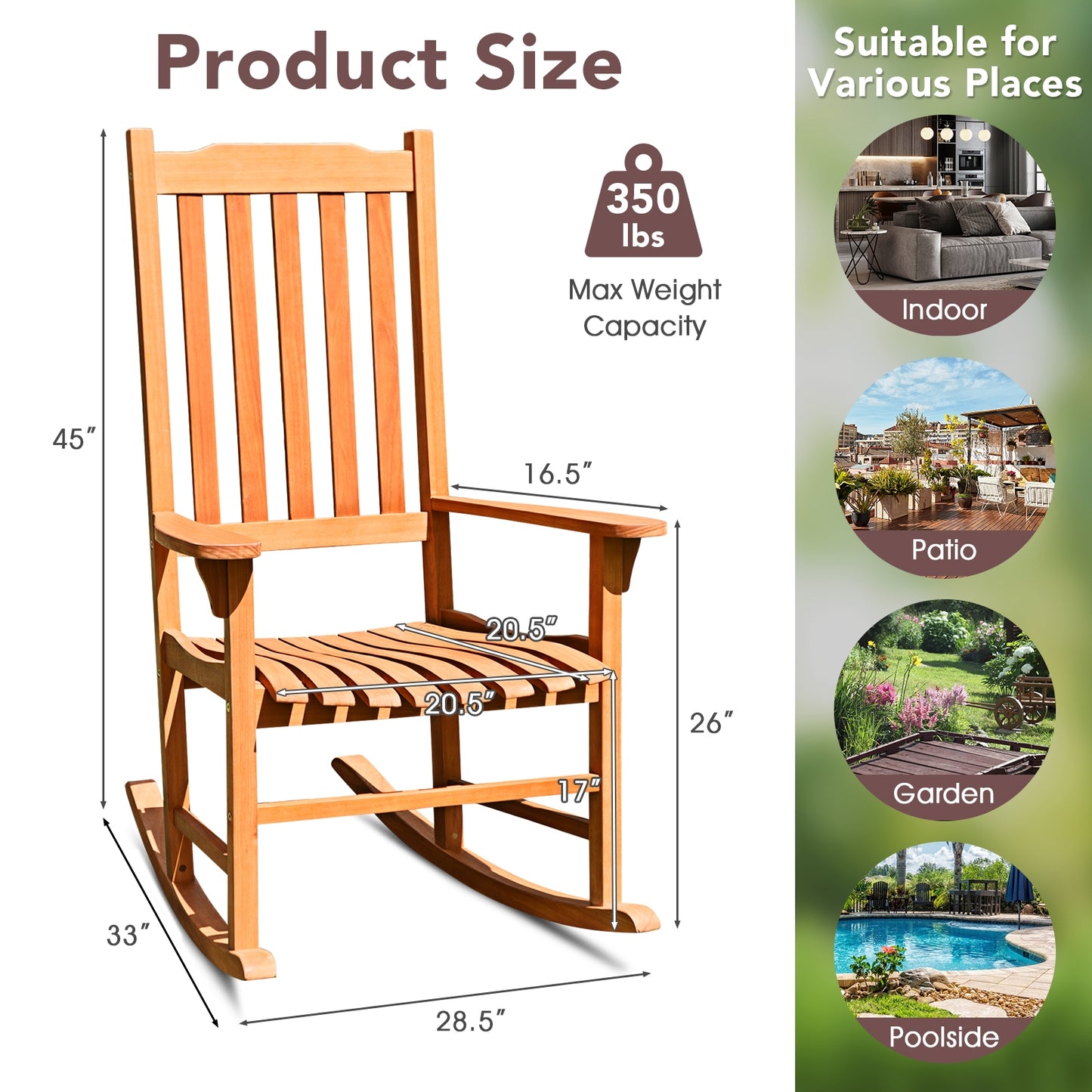 Outdoor Rocking Chair - Natural Eucalyptus Wood for Patio