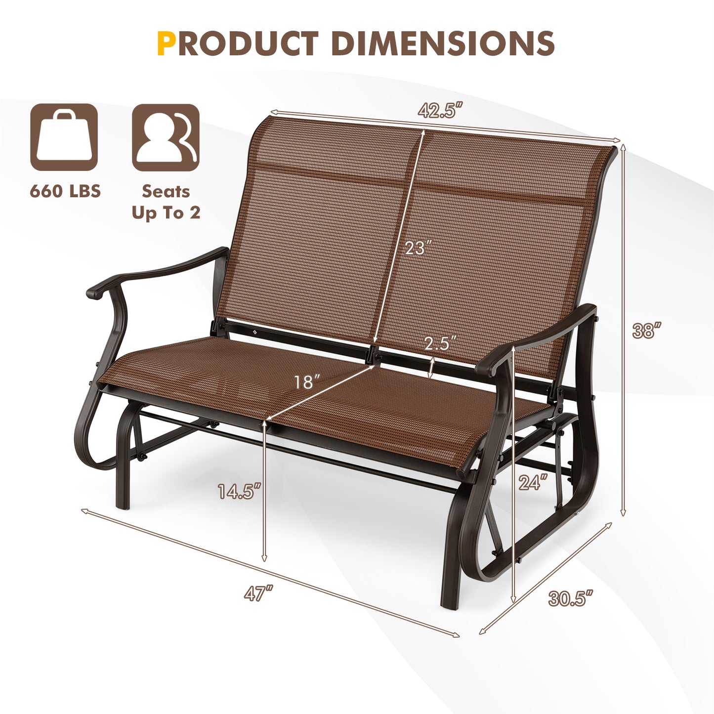 2-Person Patio Glider Bench with High Back - Brown