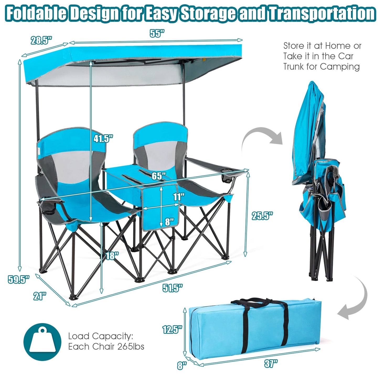 Folding Camping Chair with Canopy and Cooler Bag
