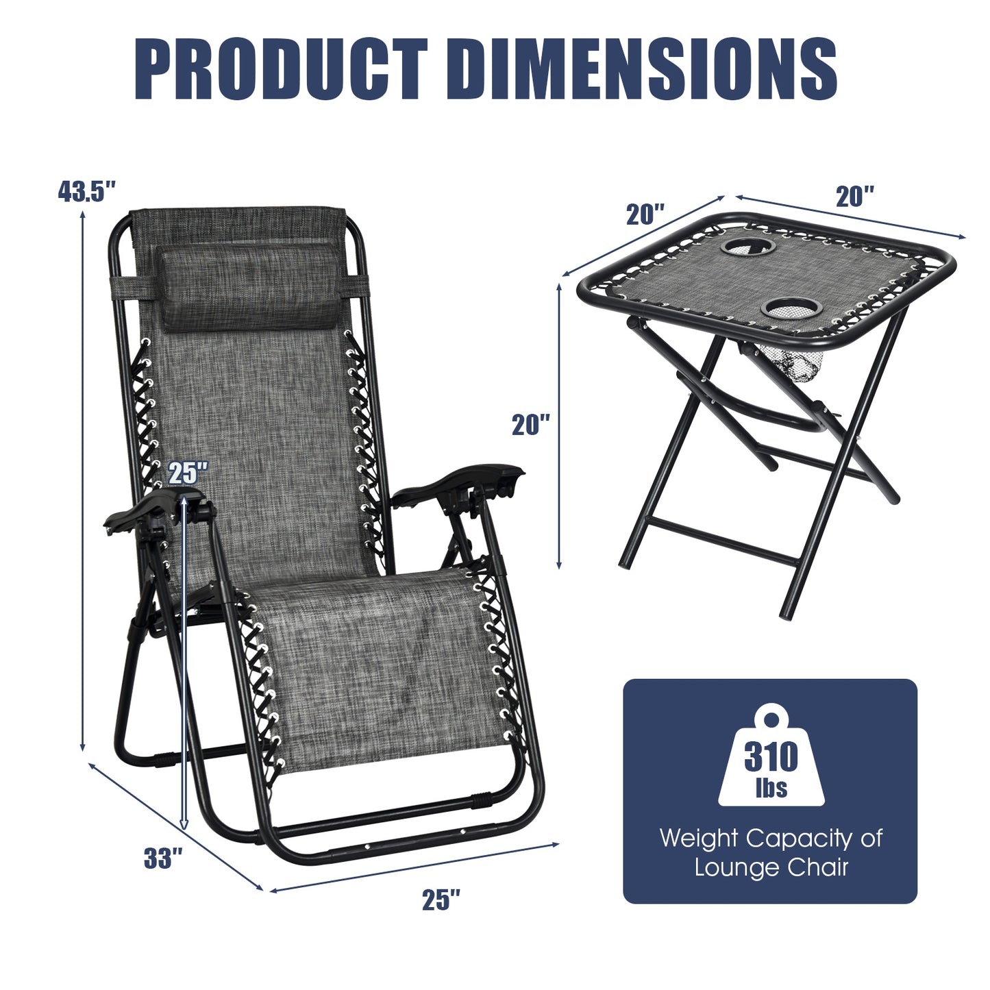 Zero Gravity Reclining Lounge Chairs with Table Set (3-Piece)