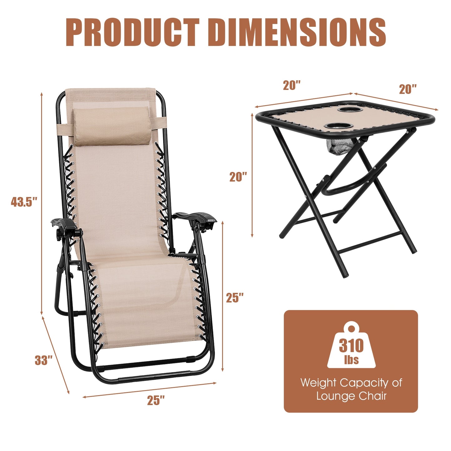 Zero Gravity Reclining Lounge Chairs with Table Set (3-Piece)