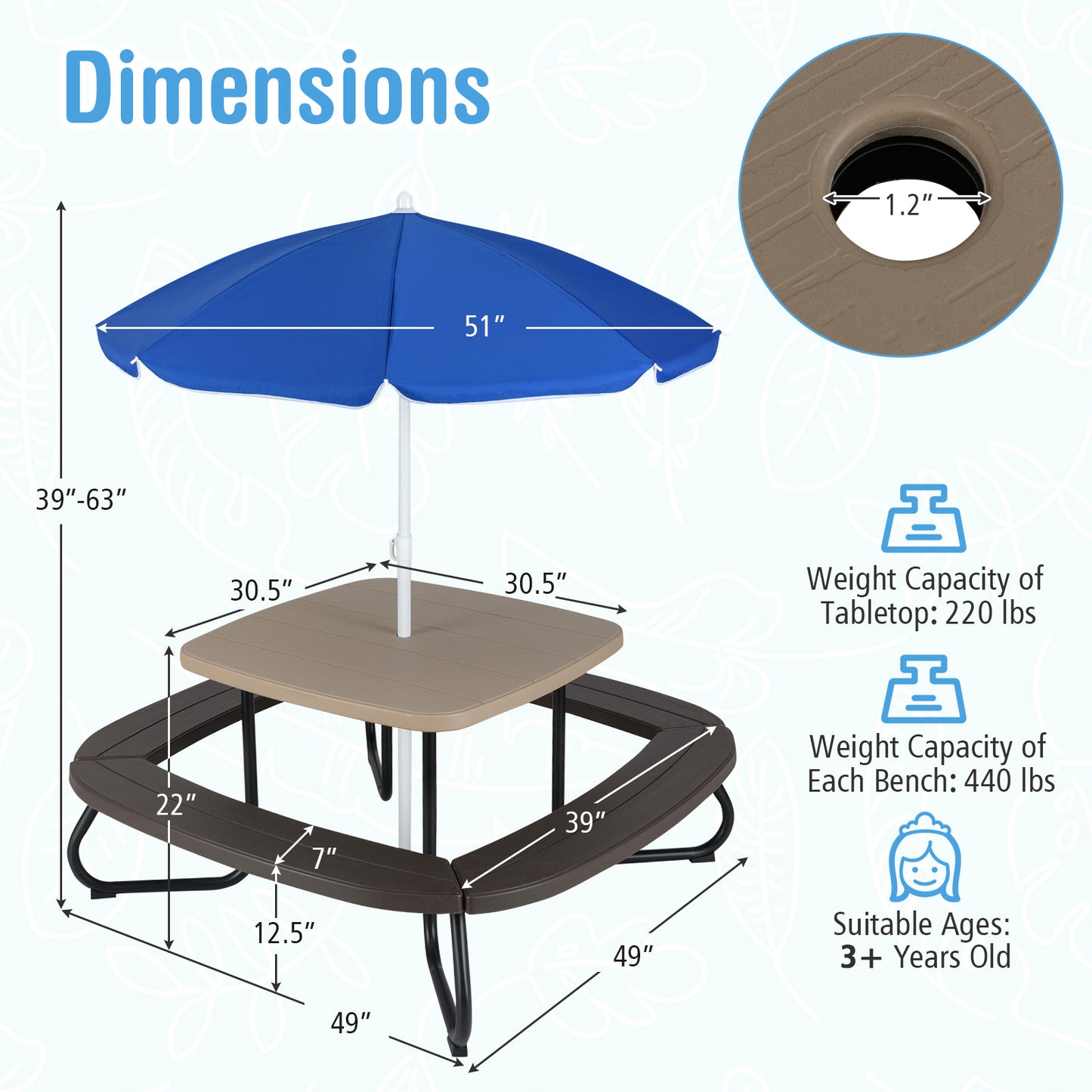 Kids Picnic Table with Adjustable Umbrella for 8 Children
