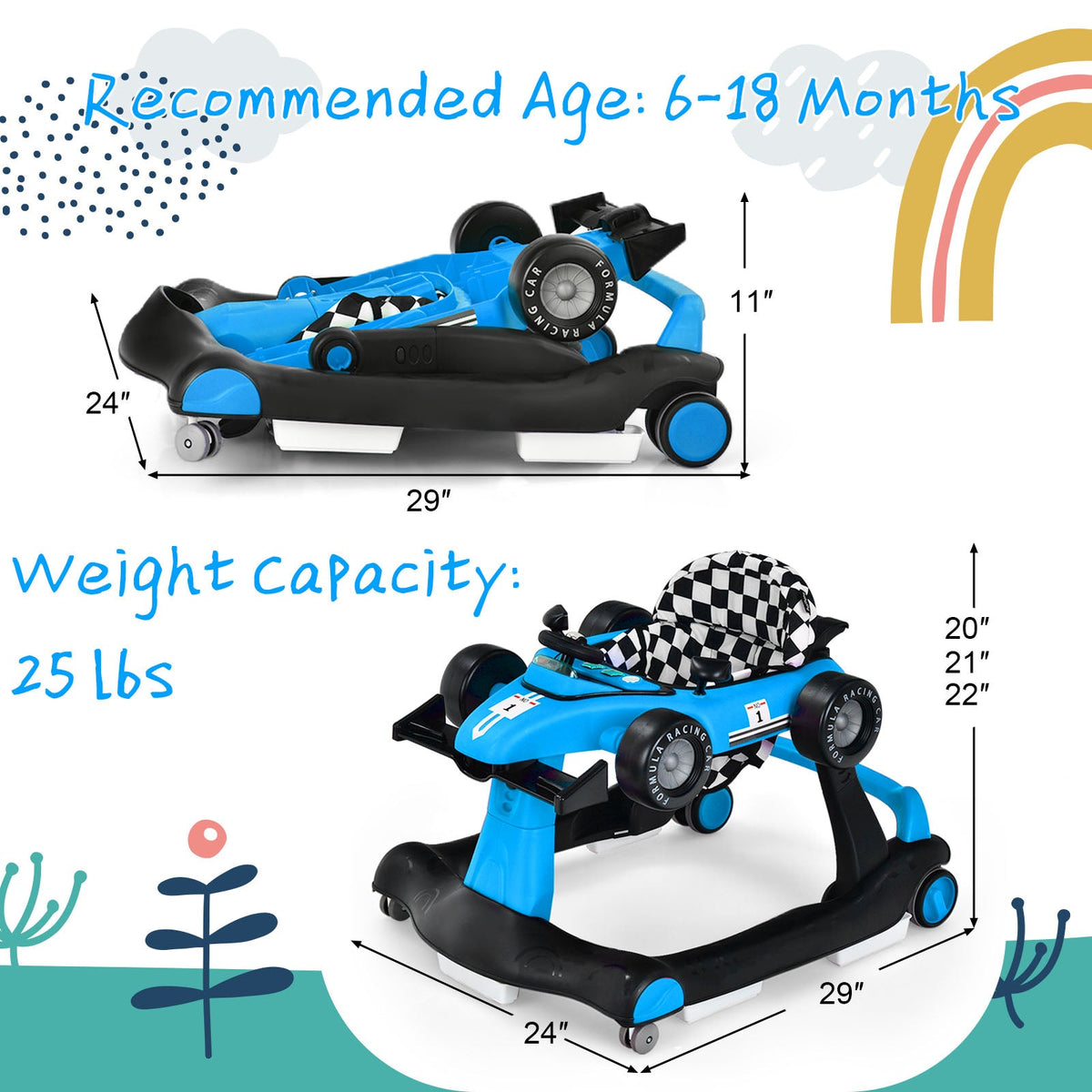 5-in-1 Baby Walker with Adjustable Height and Speed for Boys Girls 6-18 Months