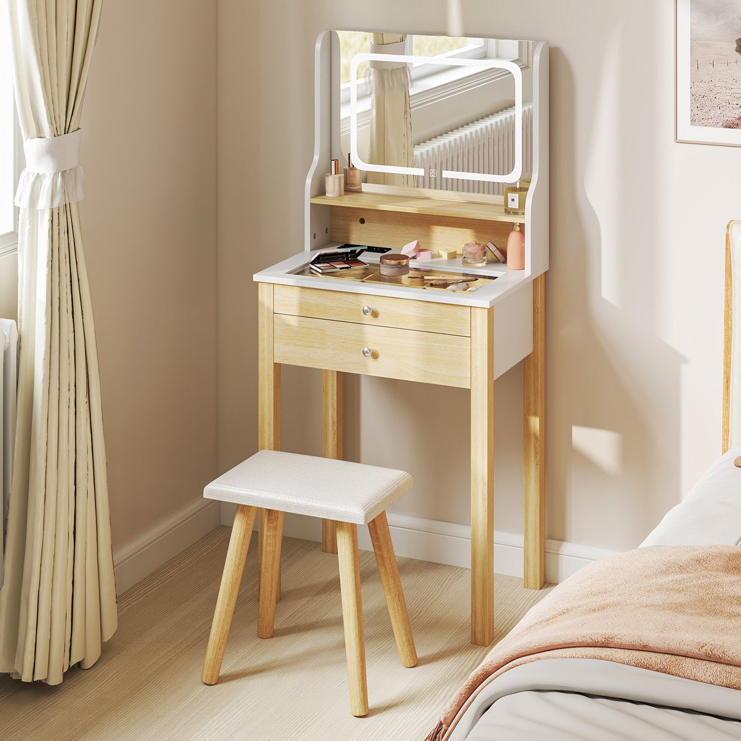 Vanity Desk Set with LED Lighted Mirror and Power Outlets