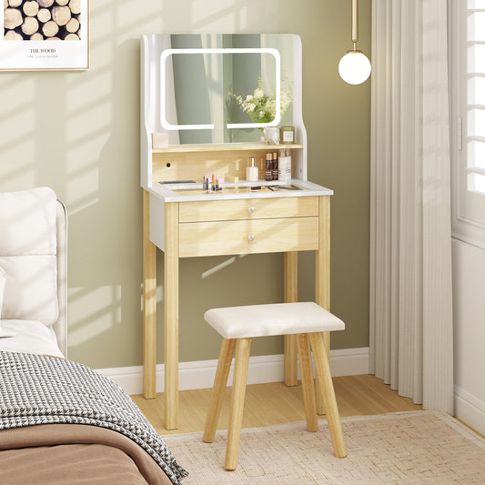 Vanity Desk Set with LED Lighted Mirror and Power Outlets