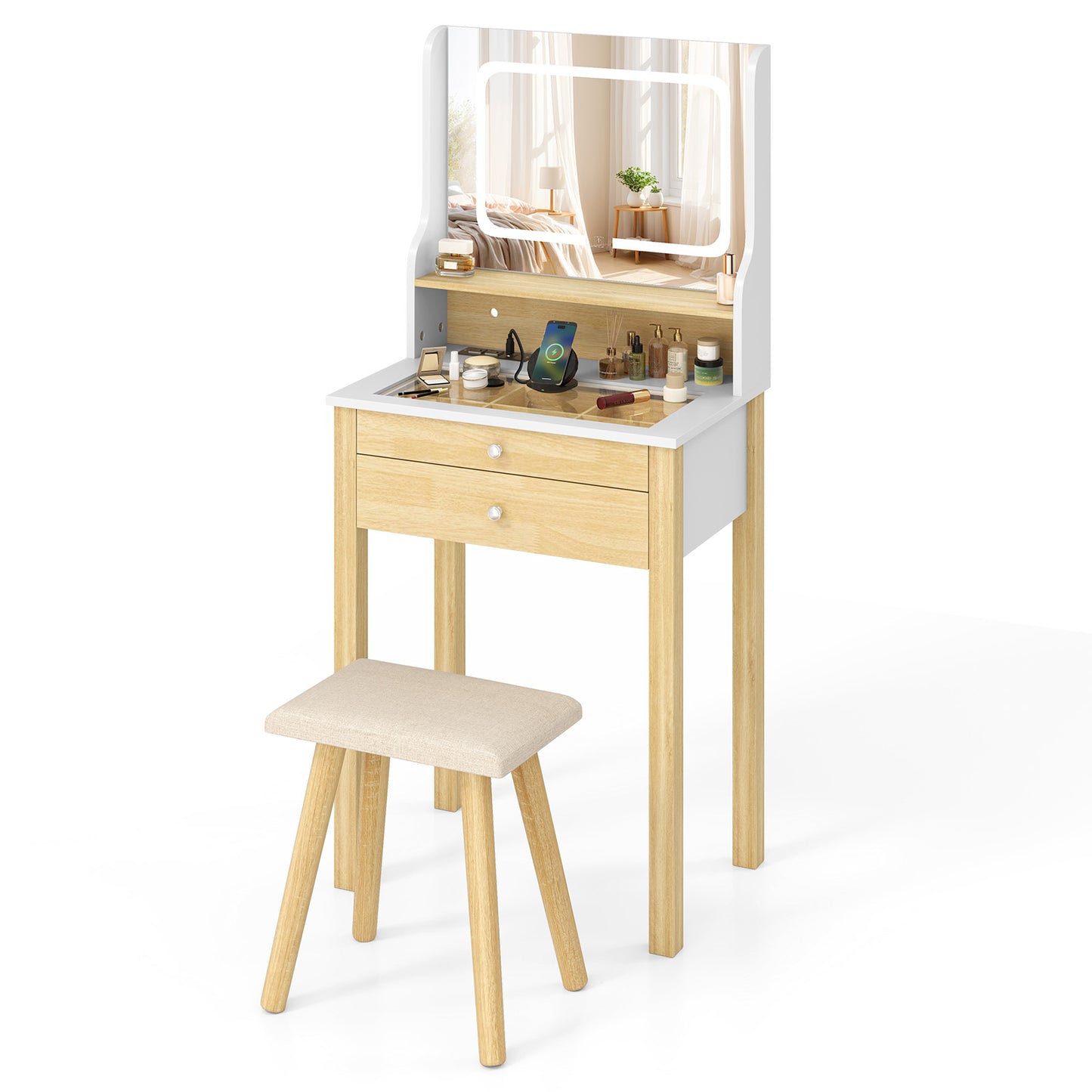 Vanity Desk Set with LED Lighted Mirror and Power Outlets