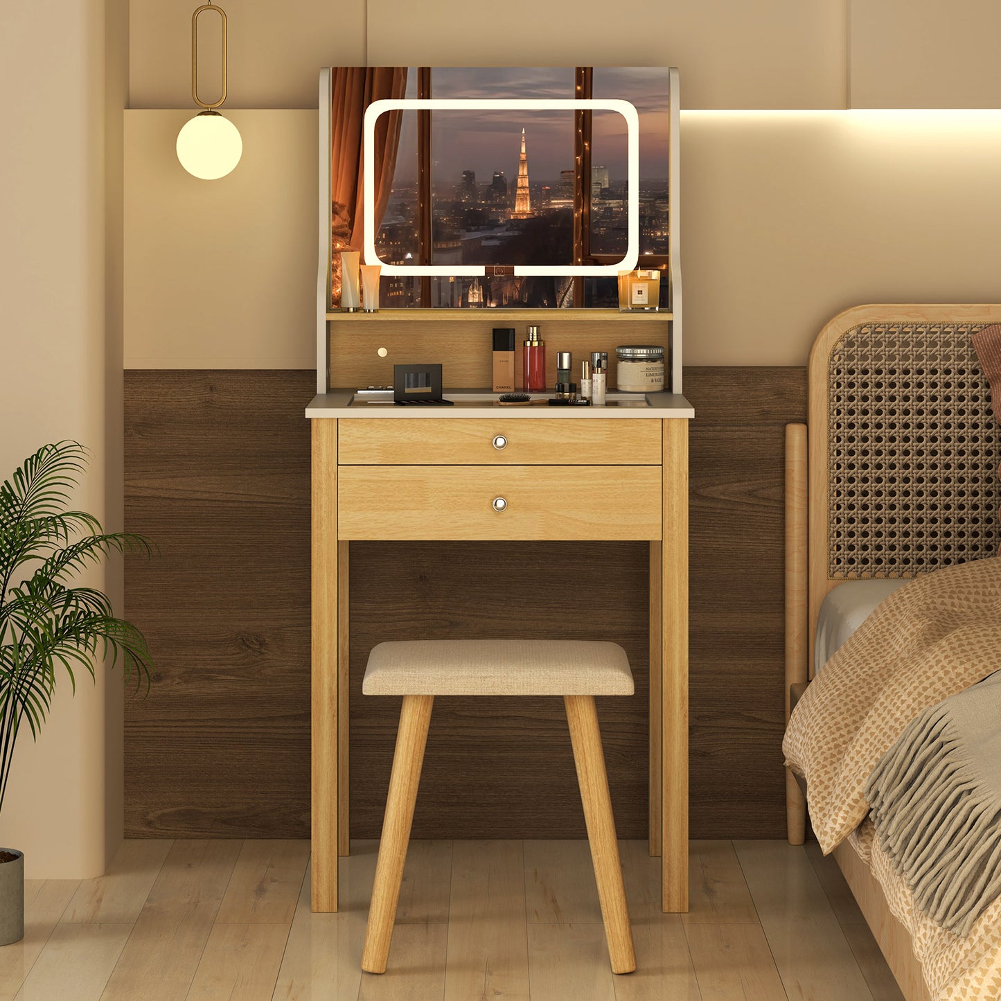 Vanity Desk Set with LED Lighted Mirror and Power Outlets